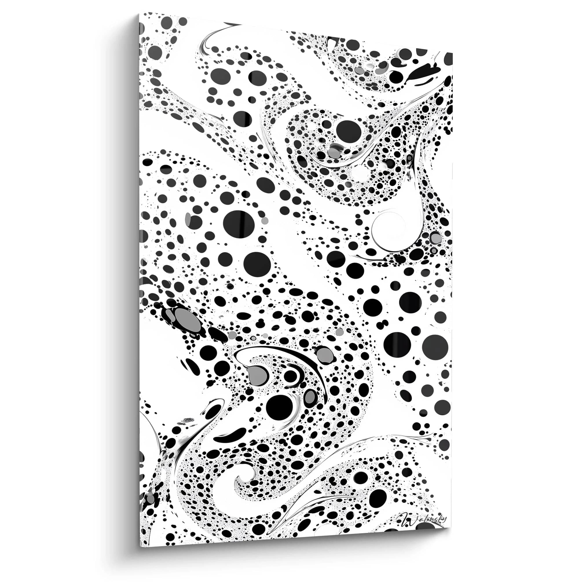 Tableau tacheté noir et blanc de Walensky avec un motif unique de cercles et de vagues