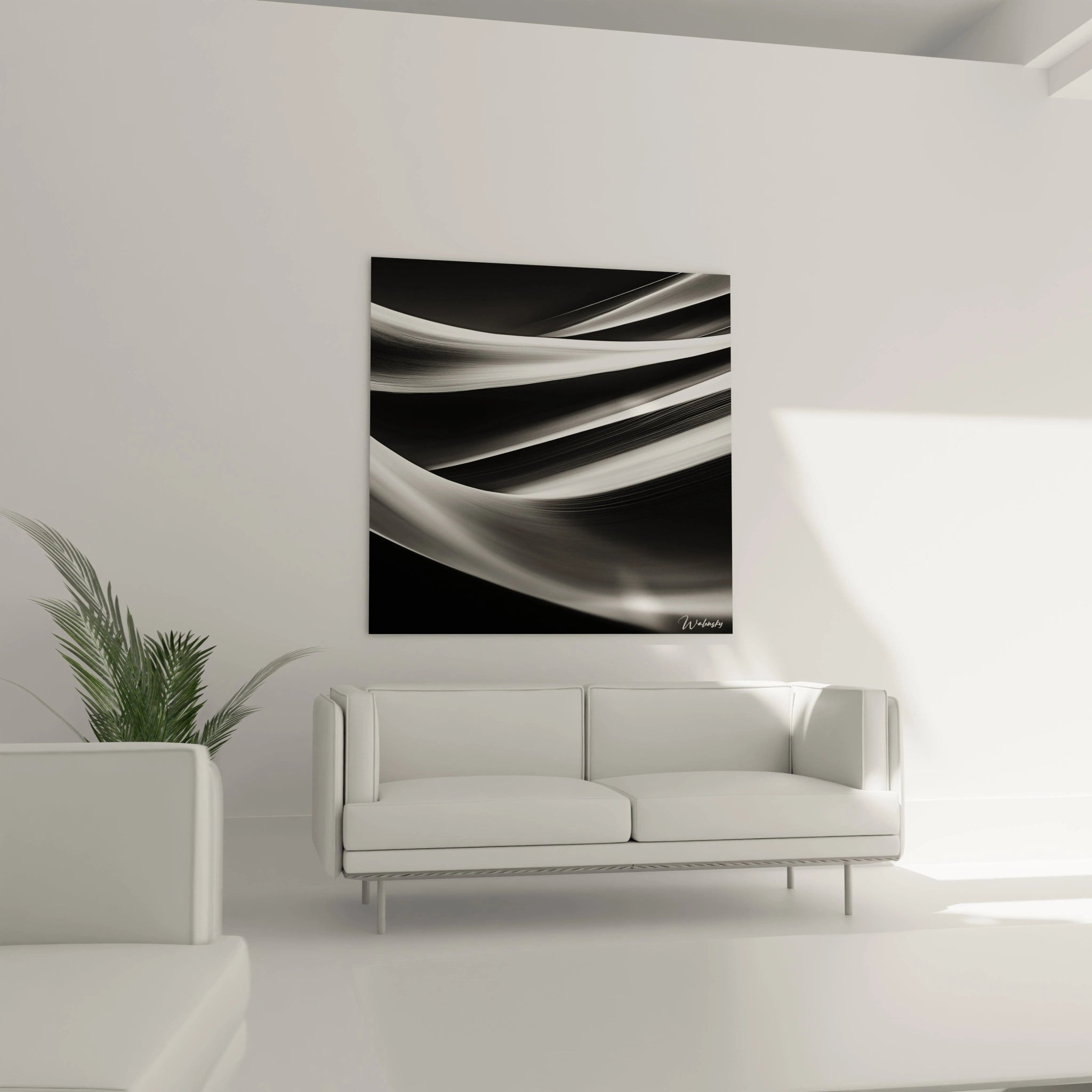 Tableau minimaliste abstrait de Walensky avec des lignes fluides en noir et blanc pour décorer votre intérieur