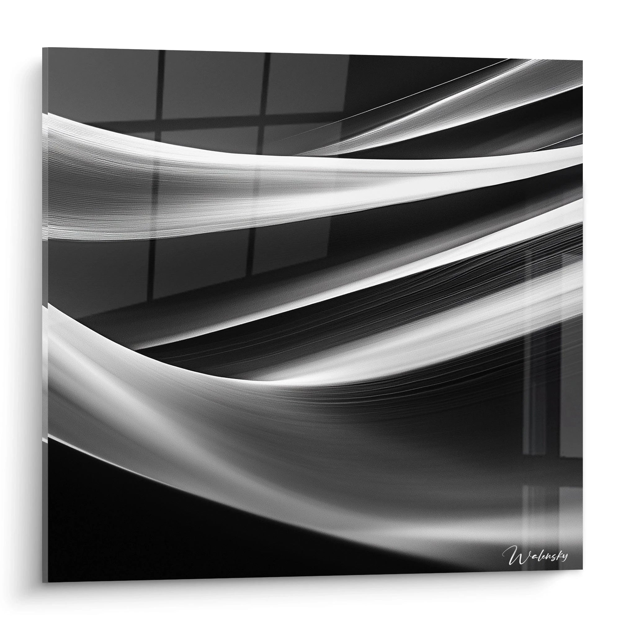 Tableau minimaliste abstrait Walensky avec des lignes fluides en noir et blanc