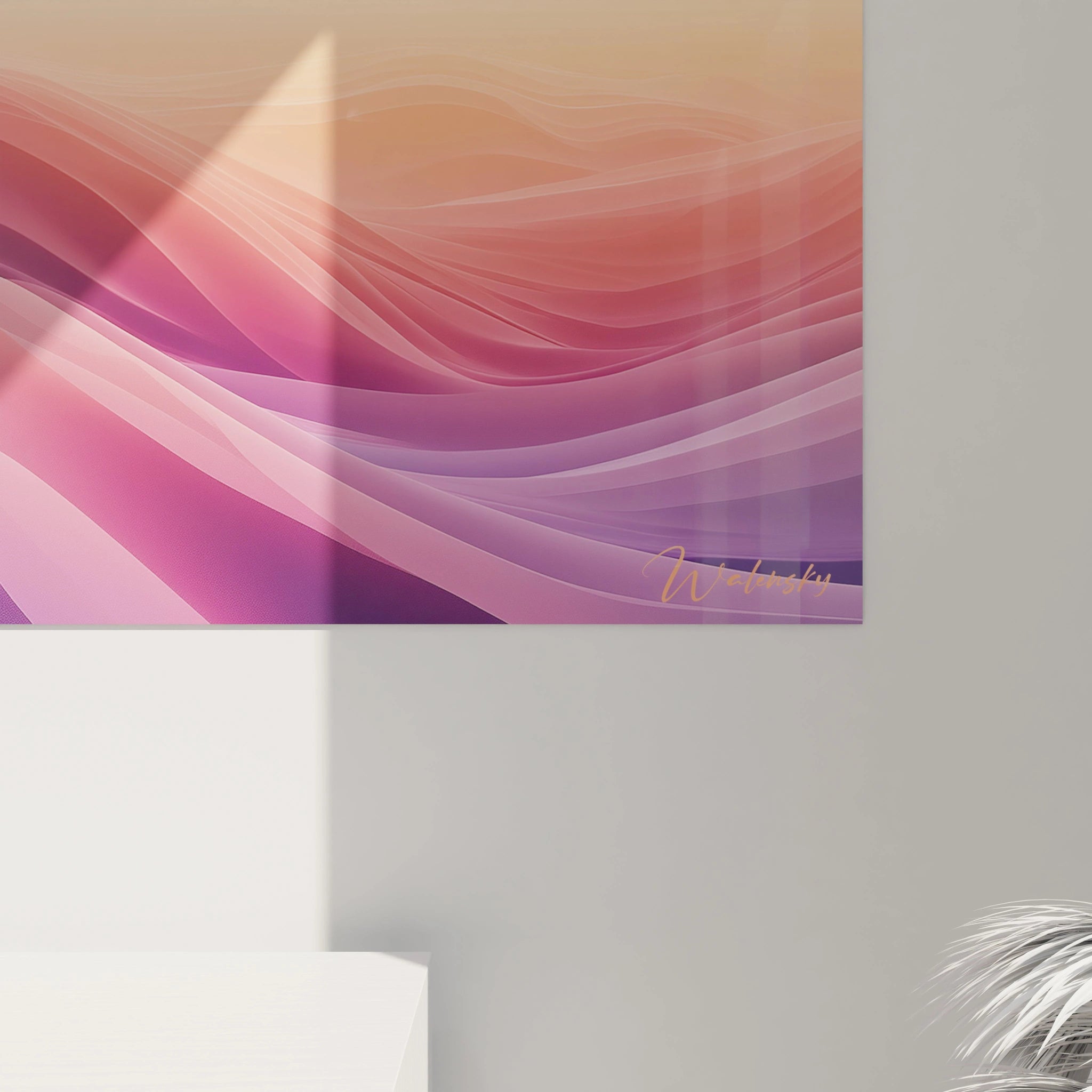 Tableau minimaliste abstrait Walensky avec des vagues de couleurs douces et des dégradés de rose et d'orange
