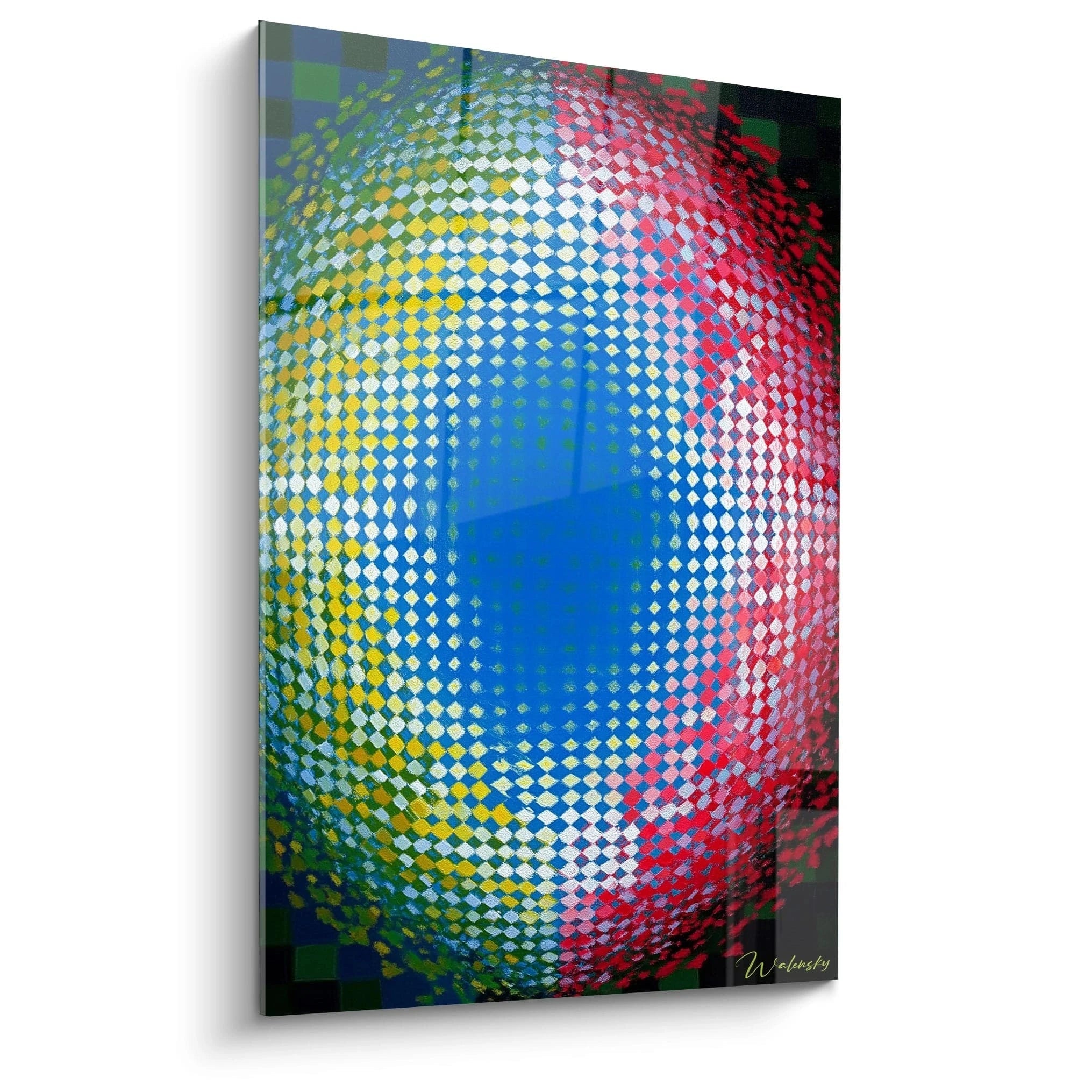 tableau op art hypnotique mural Walensky avec motif spherique pixelise bleu vert et rouge effet optique