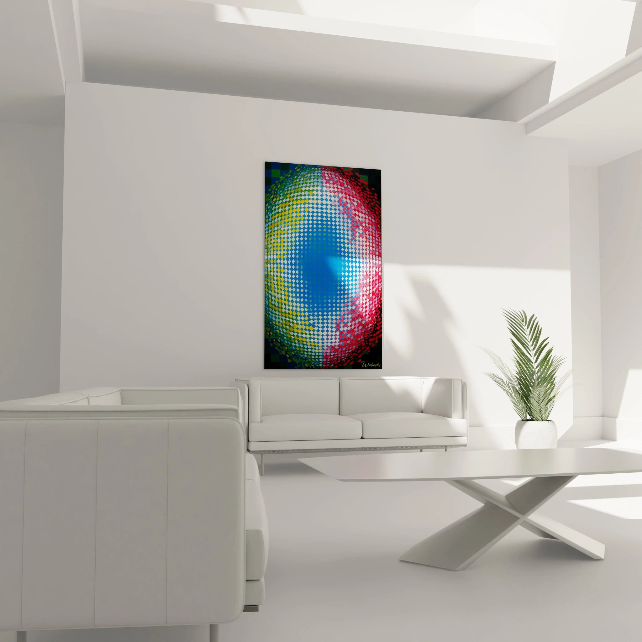 Walensky tableau mural coloré dans un salon moderne avec motif vibrant et perspective dynamique tableau op art hypnotique
