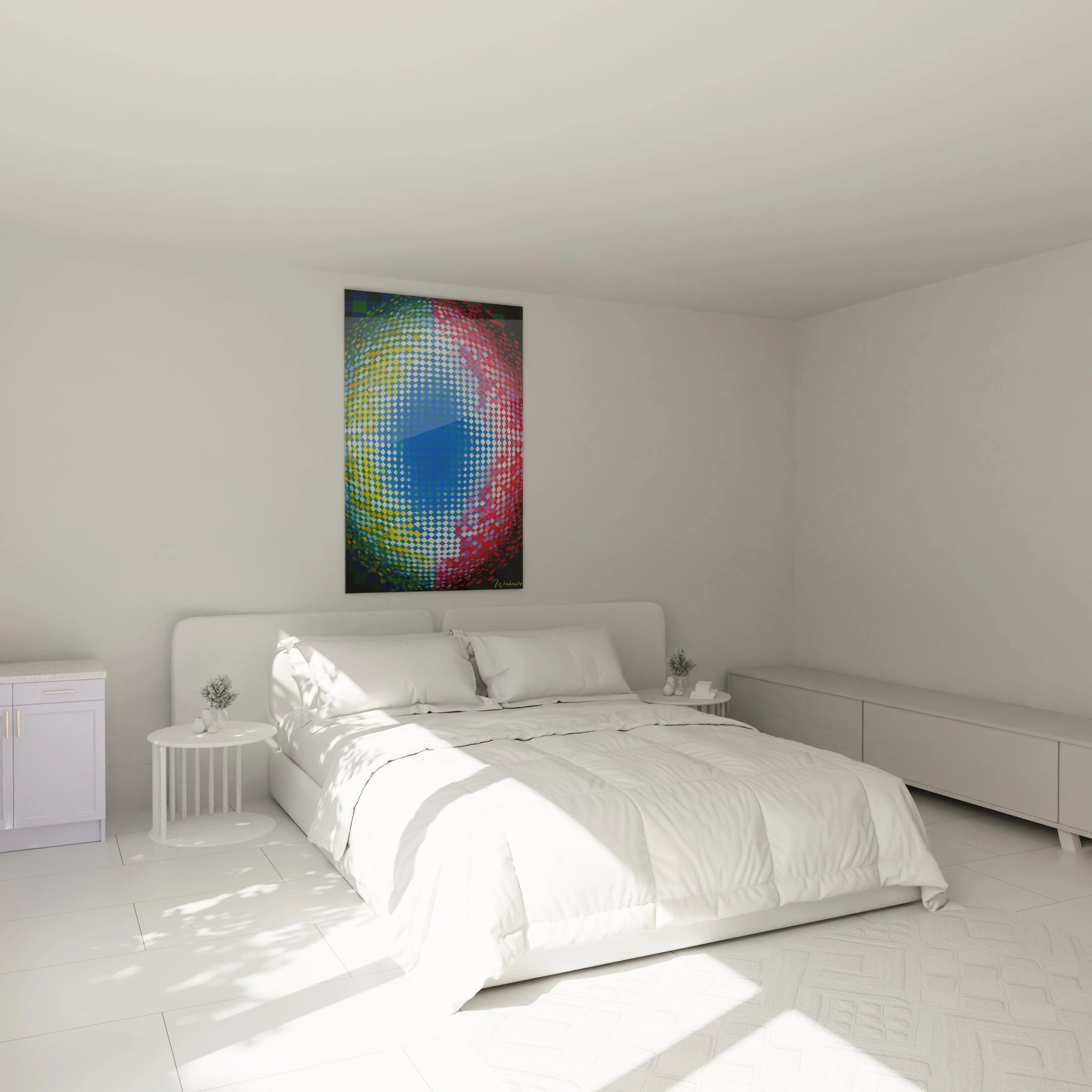 tableau op art hypnotique Walensky accroché au dessus du lit blanc minimaliste dans une chambre claire