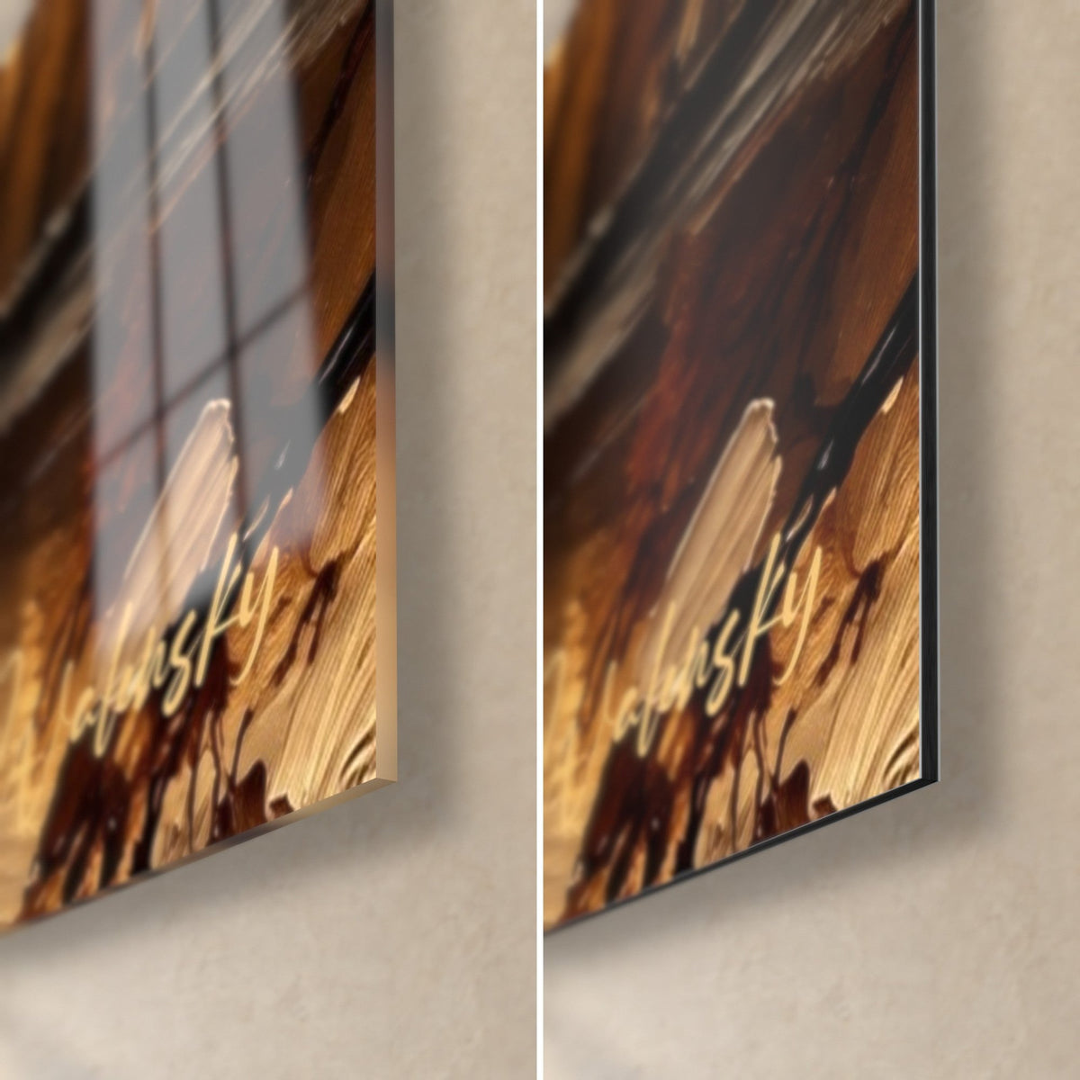Gemälde königliche Residenz mit ockerfarbenen und braunen Pinselstrichen, untere rechte Ecke, glänzendes Acrylglas und mattes Alu-Dibond, 3 mm Stärke