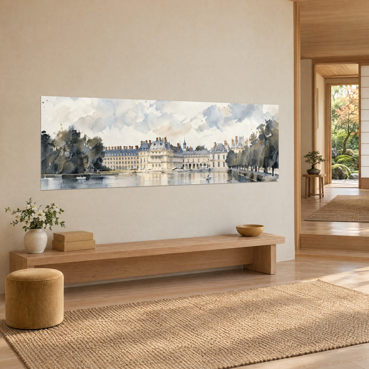 Domaine historique beige et gris reflété dans l'eau, au-dessus d'un canapé dans un salon lumineux