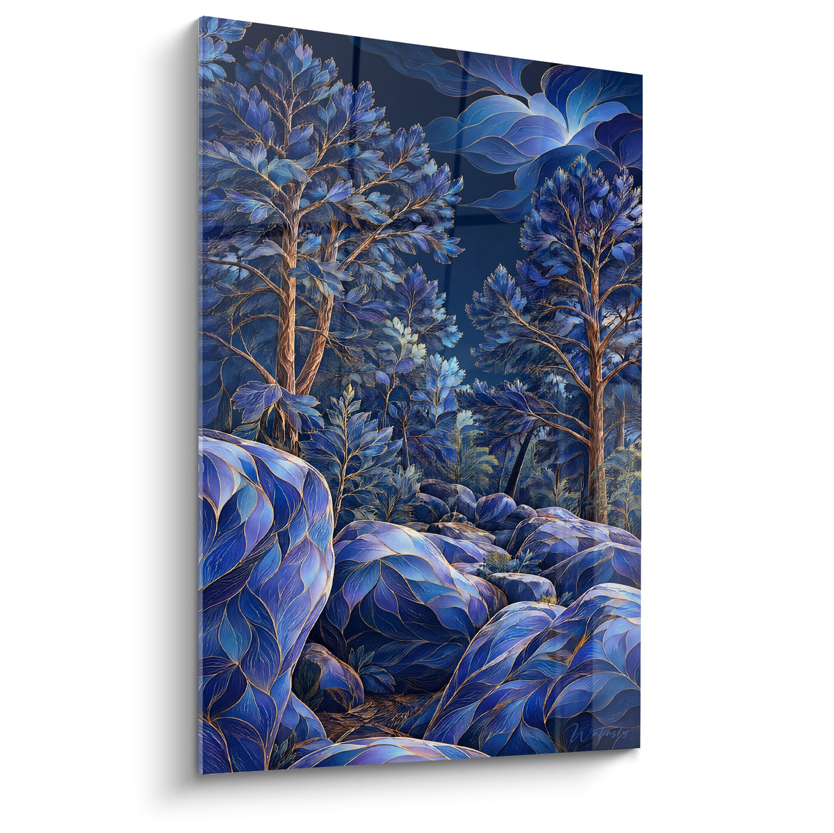Nachtliche Felsen in Marineblau und stilisierte goldene Kiefern bilden dieses Gemälde Fontainebleau Île-de-France