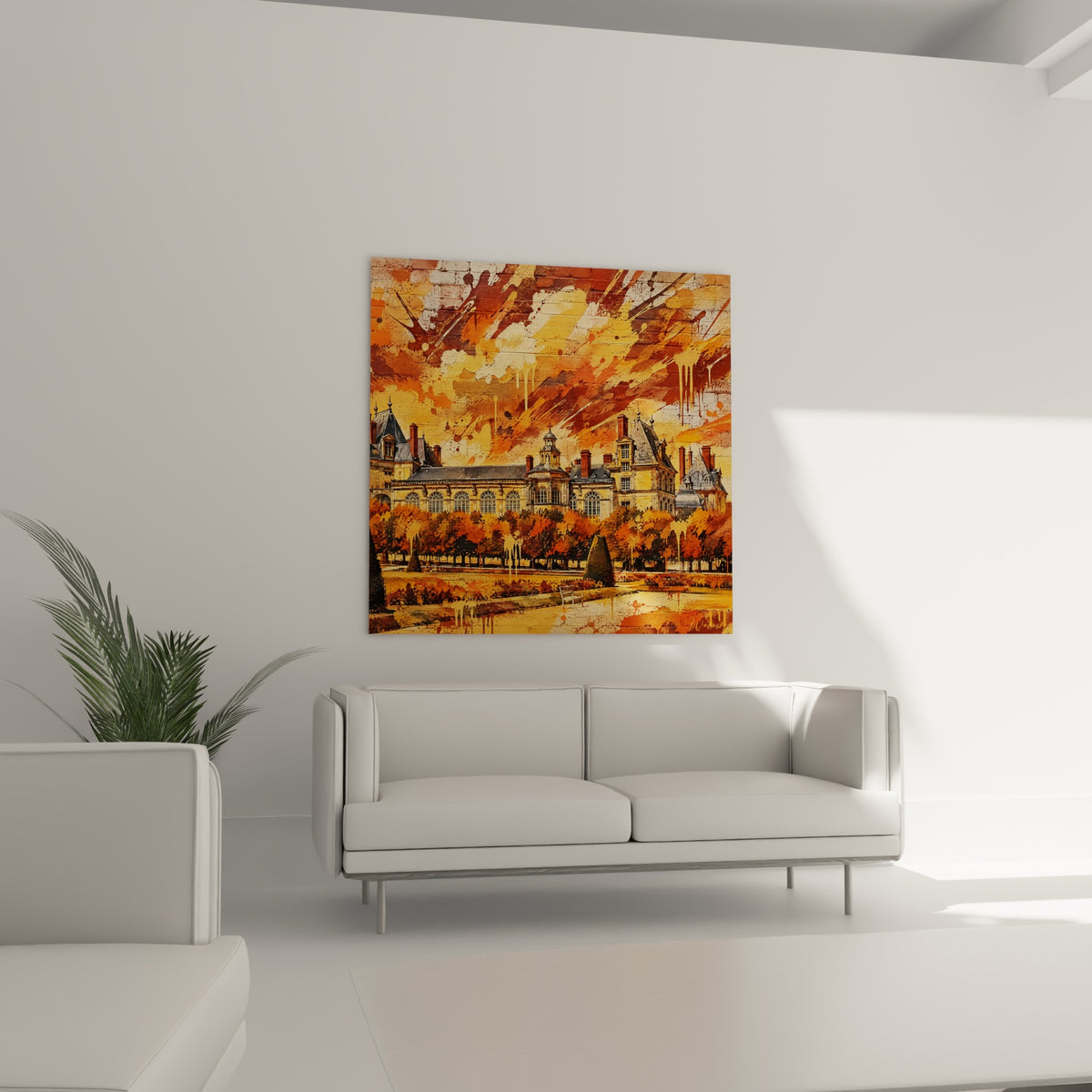 Tourelles et toits anthracite sous un ciel orangé ruisselant, au-dessus d'un canapé dans un salon lumineux