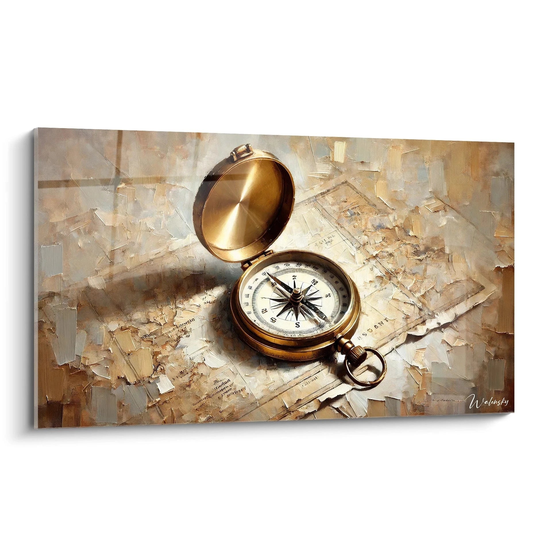 Tableau Marin en vue de biais capturant l esprit d aventure Un chef d œuvre aux tons or et beige inspire des voyages lointains avec une boussole symbolisant la quête intérieure et la découverte