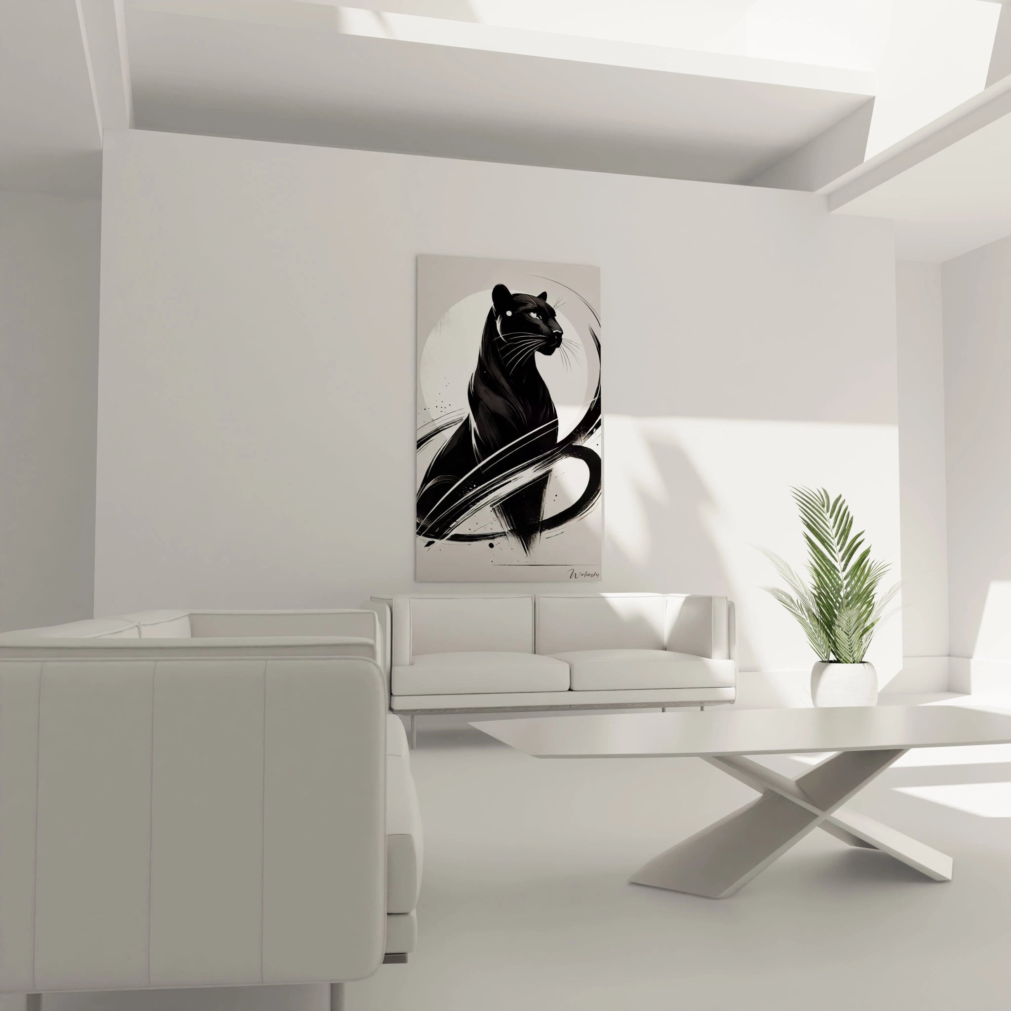 Accroche au-dessus du canape, ce tableau panthere noire devient le point focal du salon. Le contraste noir et blanc attire le regard et cree une ambiance a la fois moderne et sophistiquee.