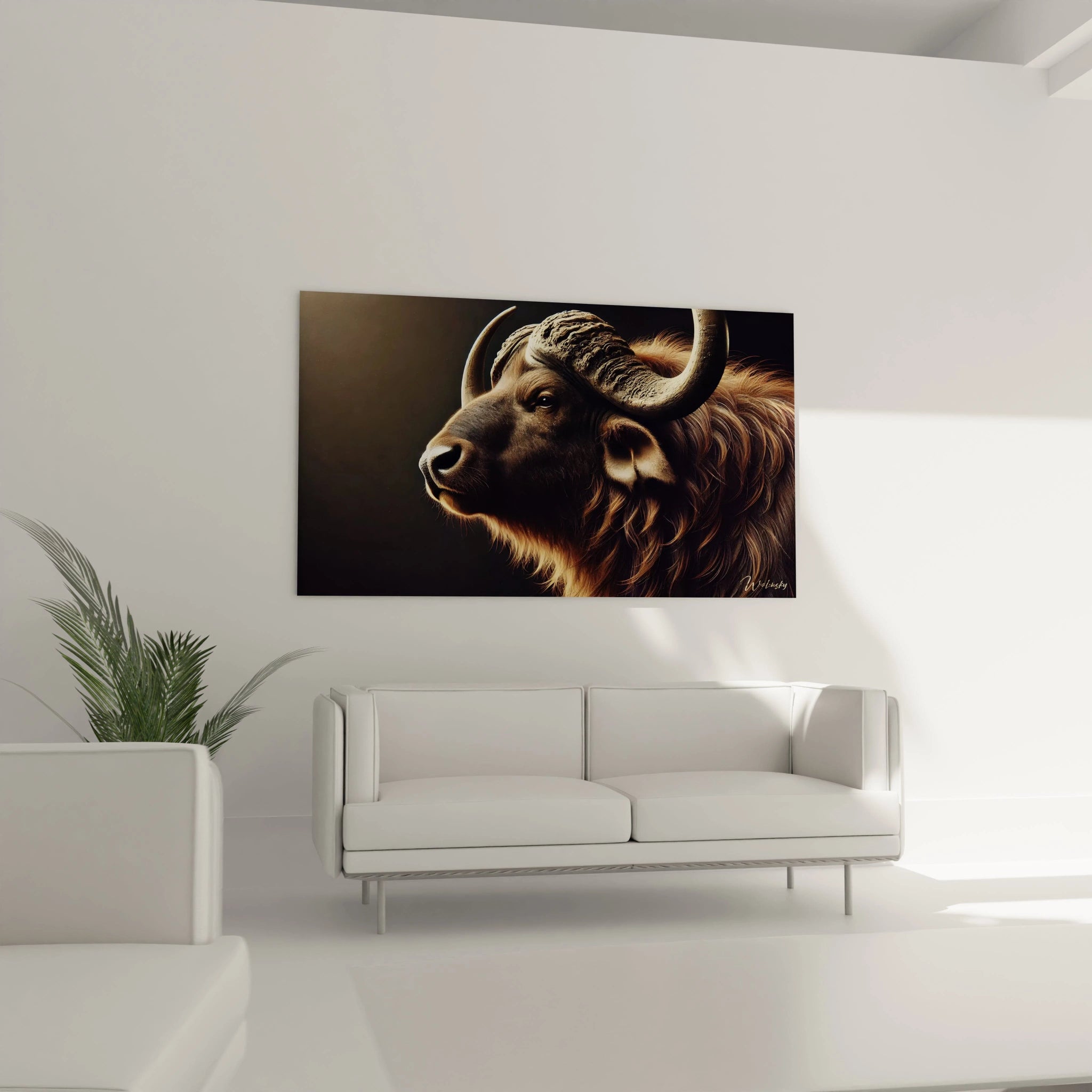 accroché au mur d un salon, le tableau buffle domine l espace avec sa presence imposante. Ses couleurs terreuses et ses cornes symboliques ajoutent un charme sauvage a la piece.