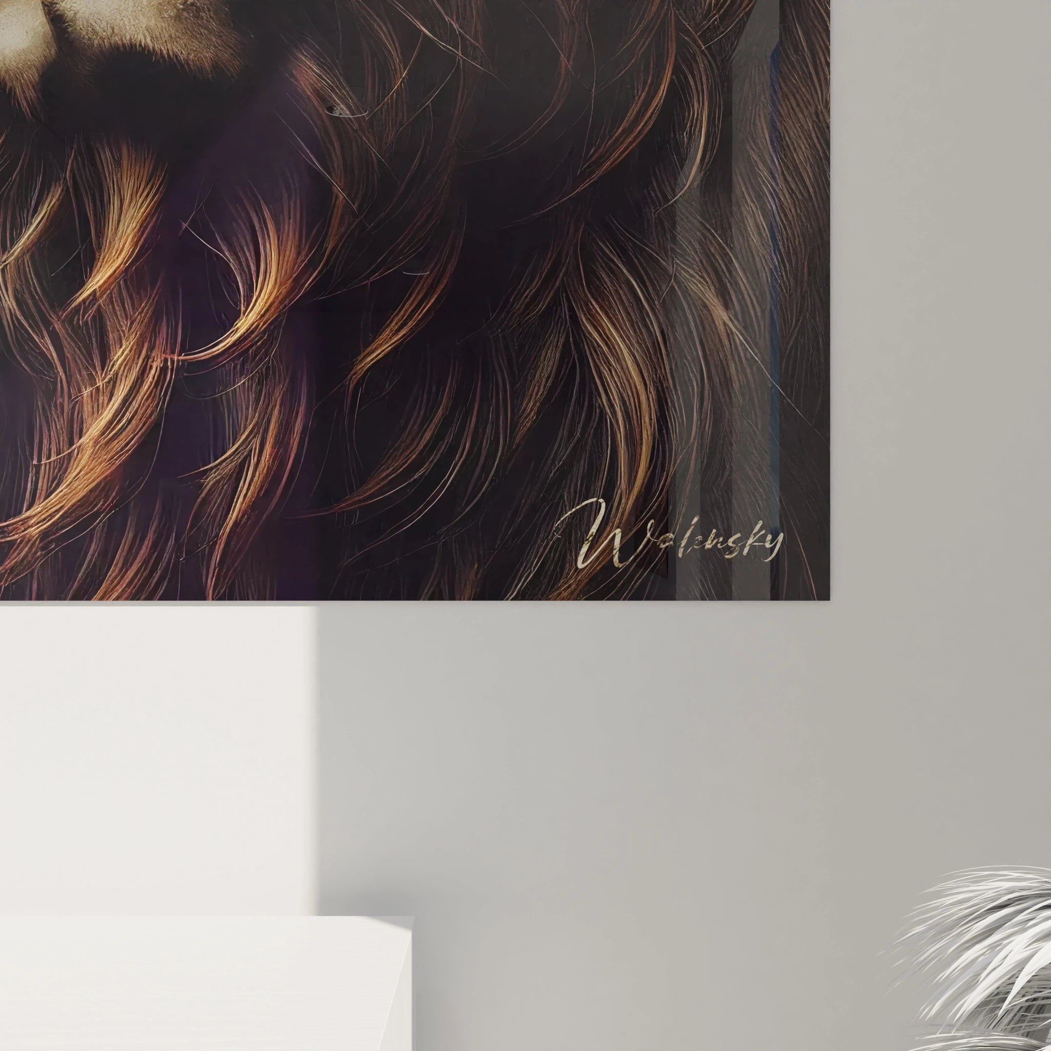 vue rapprochee du tableau buffle, chaque detail de son pelage et de ses cornes montre un travail minutieux. L intensite dans ses yeux renforce son aura majestueuse et puissante.