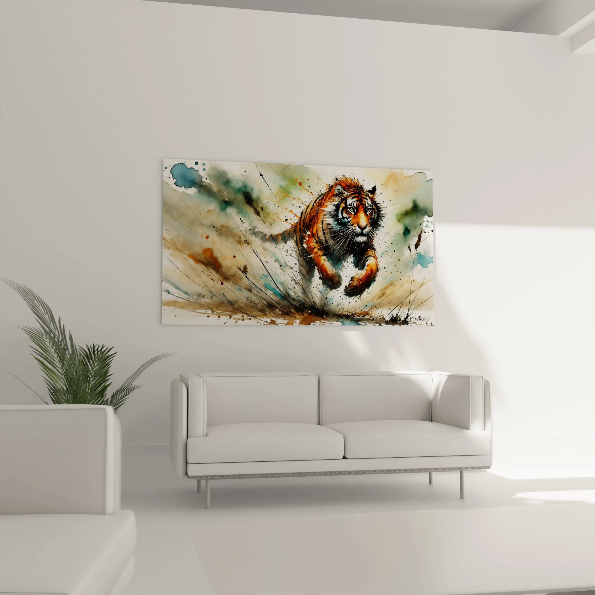 Ce tableau tigre au-dessus du canapé dans un salon crée une ambiance saisissante. Son design expressif avec des éclaboussures de peinture projette un mouvement intense qui capte l'attention dès l'entrée dans la pièce.