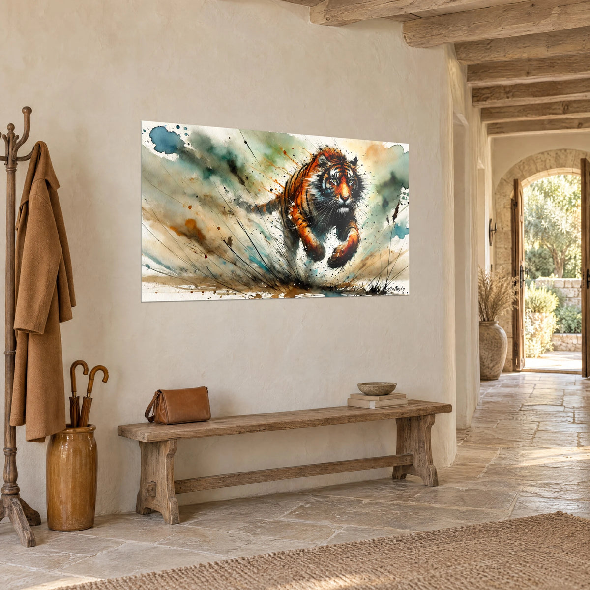 Wall art of a striped big cat in full stride, russet and ivory fur, sage green background, in a stone hallway with light tiles