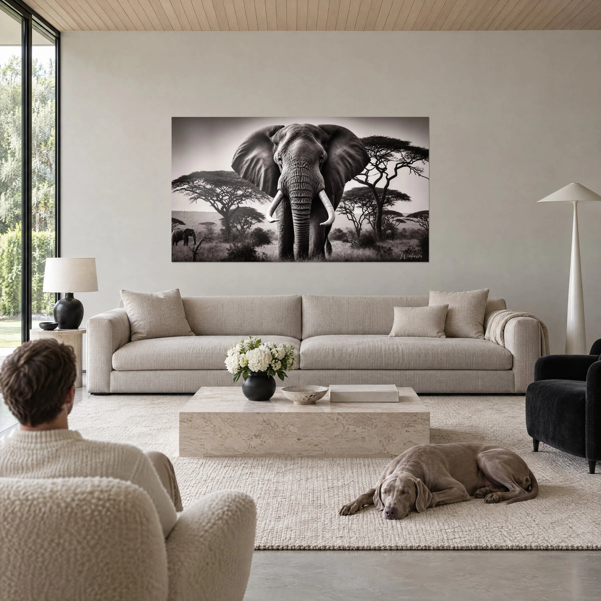 Cuadro de elefante africano con colmillos de marfil, acacias en blanco y negro, sepia, sobre un sofá en un salón luminoso