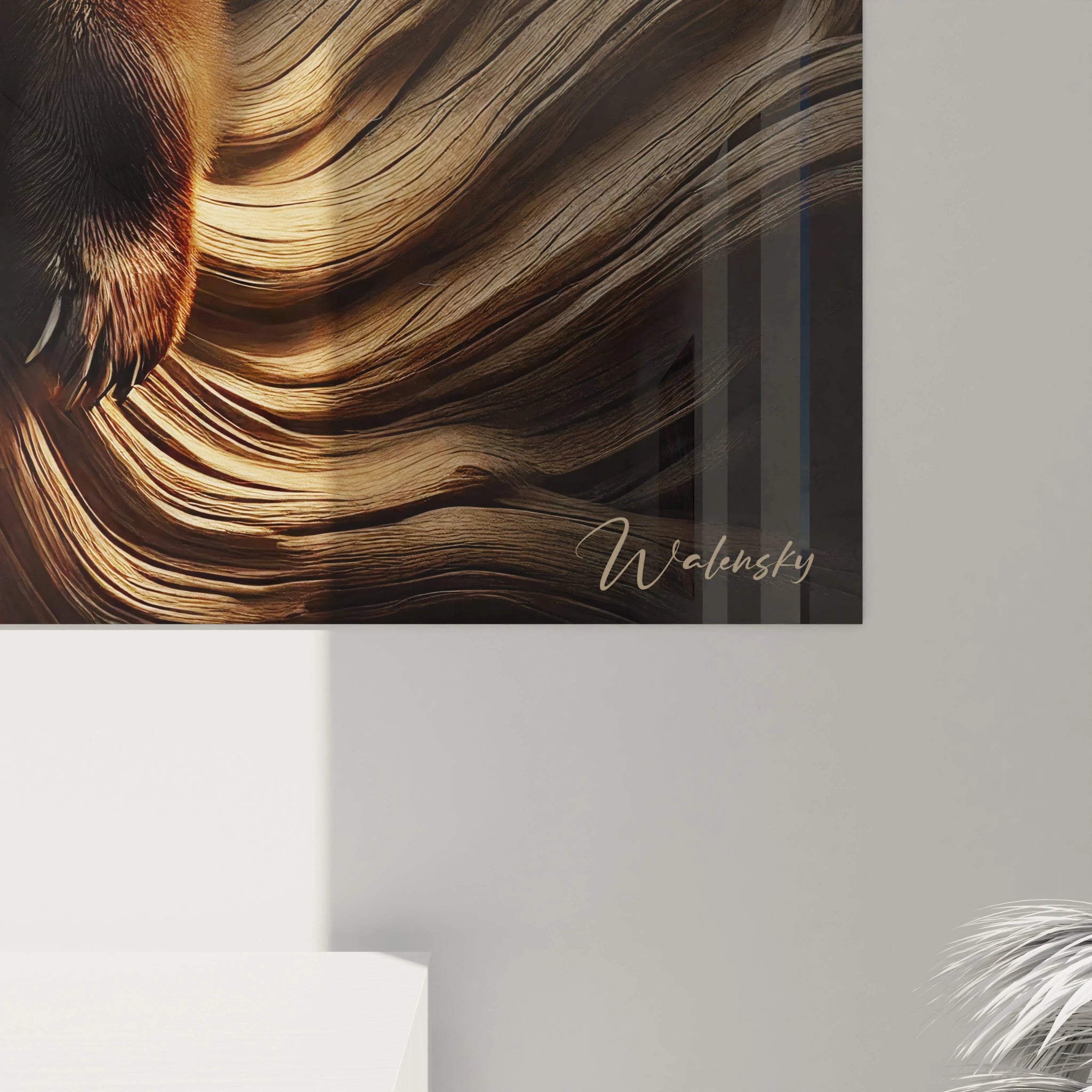 Approchez-vous du tableau grizzly et laissez-vous envouter par la precision des details, des courbes du bois au pelage du grizzly. Une harmonie parfaite entre realisme et textures abstraites.