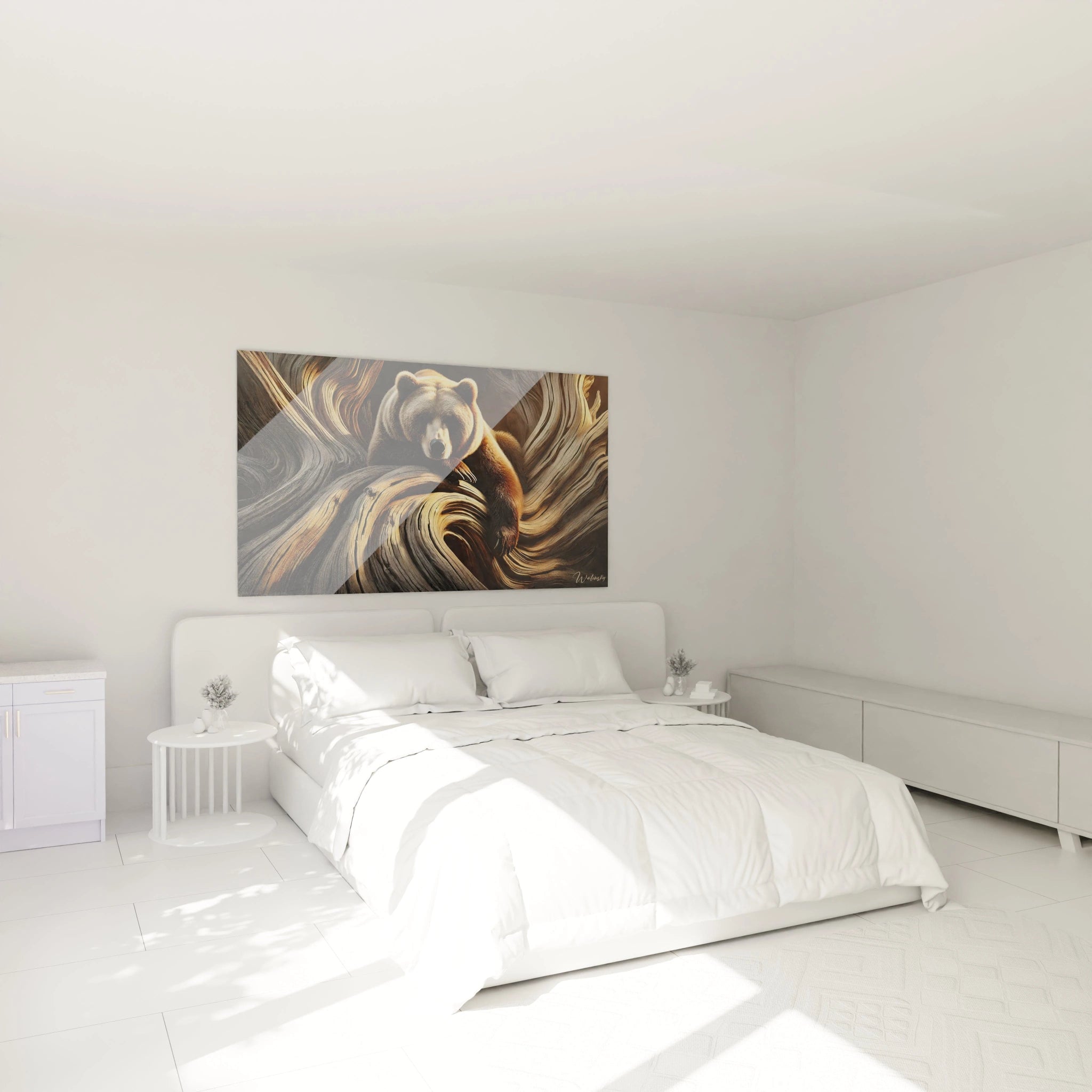 Sublimez votre chambre avec ce tableau grizzly, representation unique de la serenite et de la force sauvage. Parfait pour apporter une touche naturelle et chaleureuse a votre espace de repos.