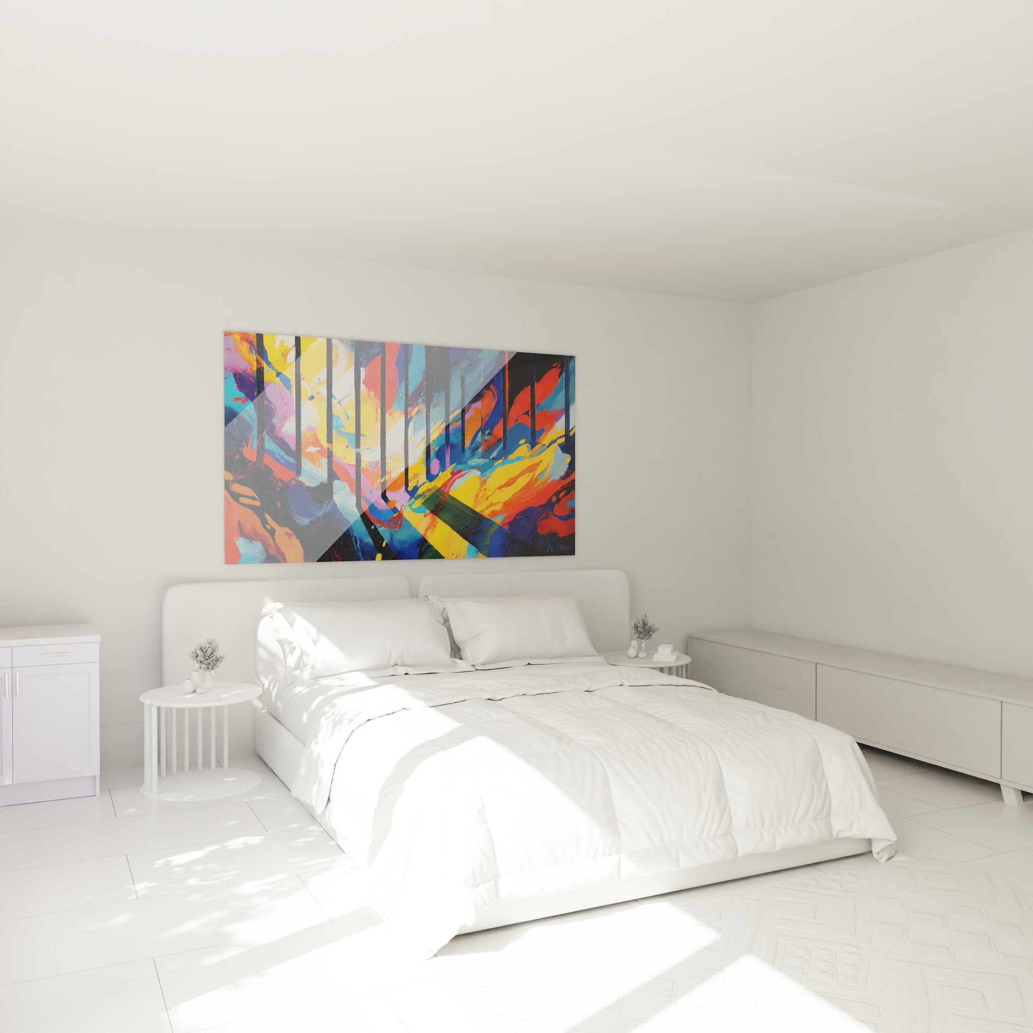 Tableau forêt abstraite géométrique dans chambre moderne décoration murale contemporaine