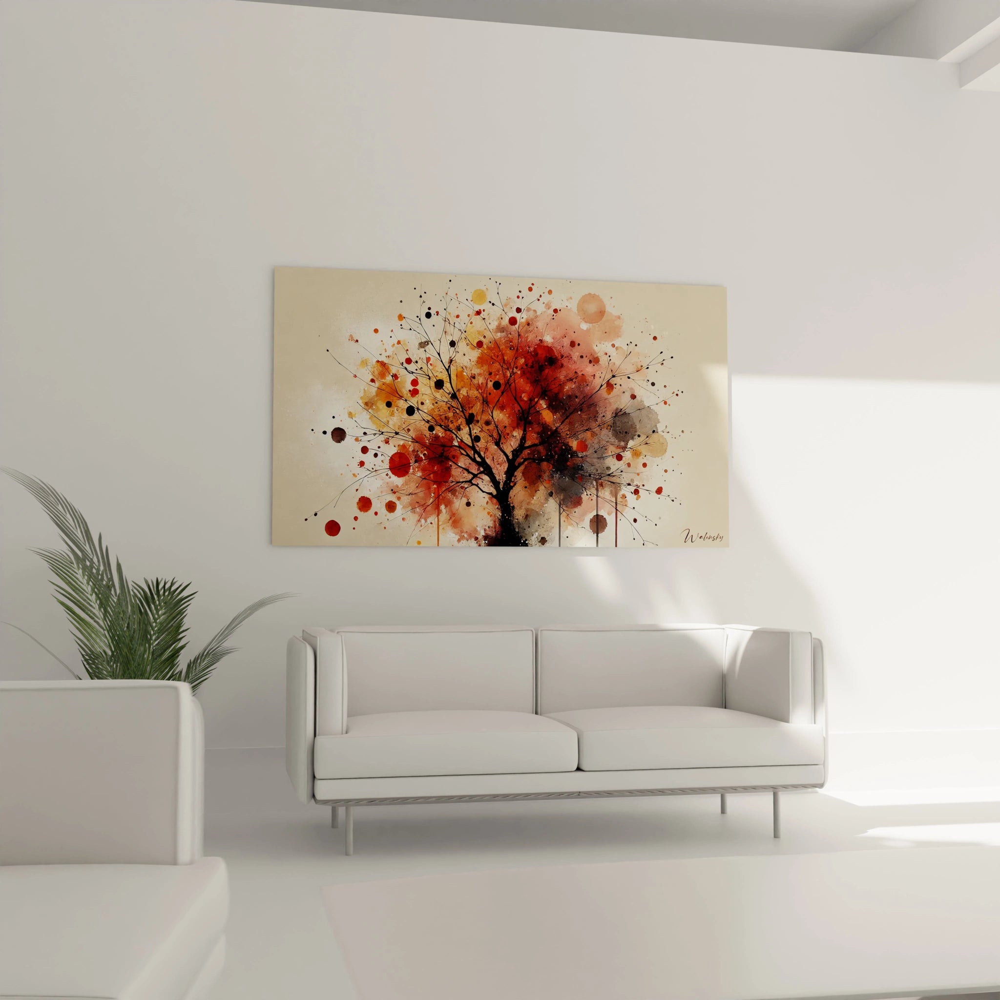Tableau Automne au-dessus d'un canapé dans le salon, sublime l'espace avec ses teintes vibrantes. Il insuffle une atmosphère enveloppante, idéale pour créer un coin convivial et inspirant.