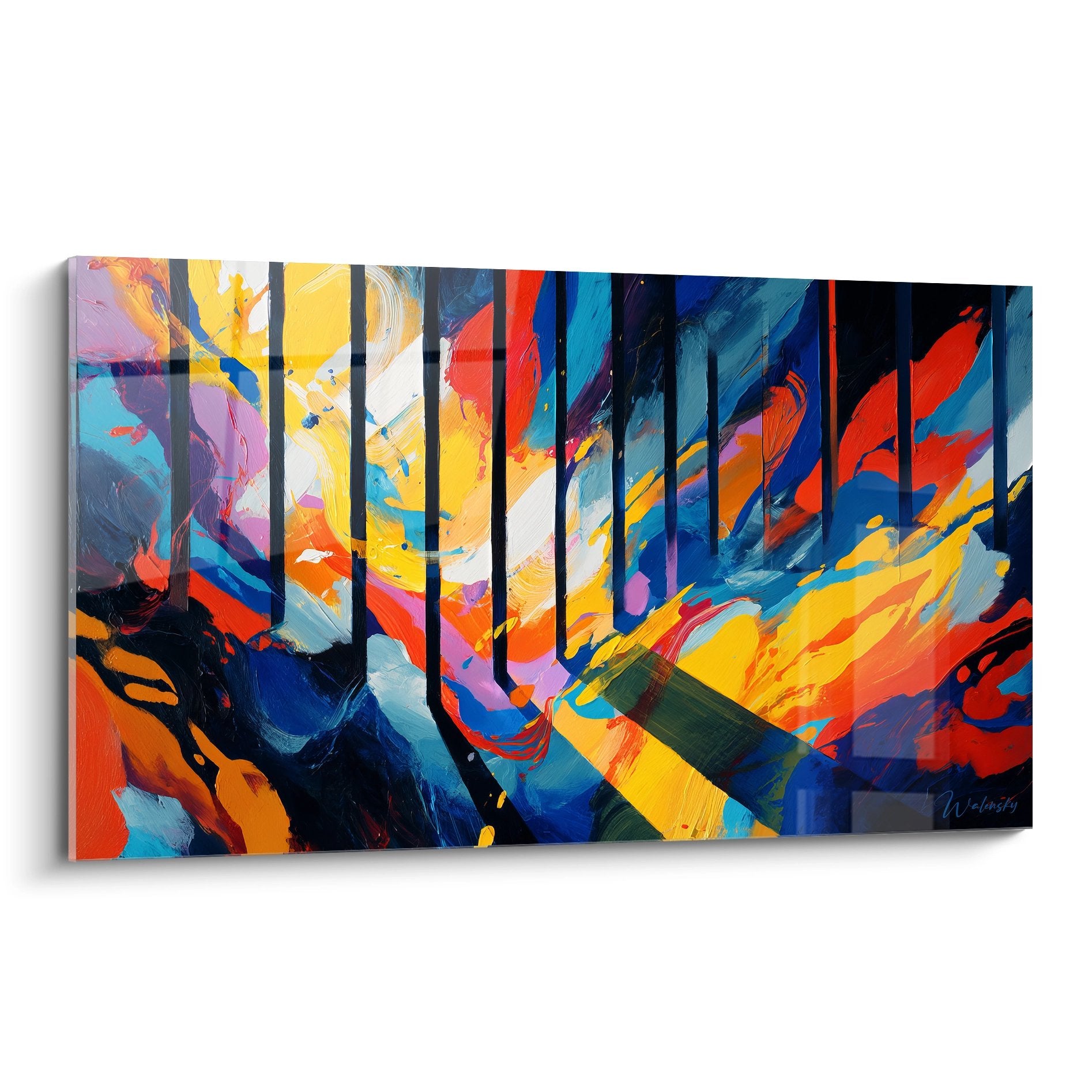 Tableau mural forêt abstraite aux couleurs vives avec motifs géométriques colorés art moderne