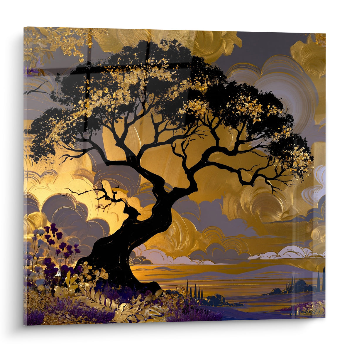 Arbre noir aux feuilles dorées se dresse sur fond violet et or, tronc sinueux sculptural
