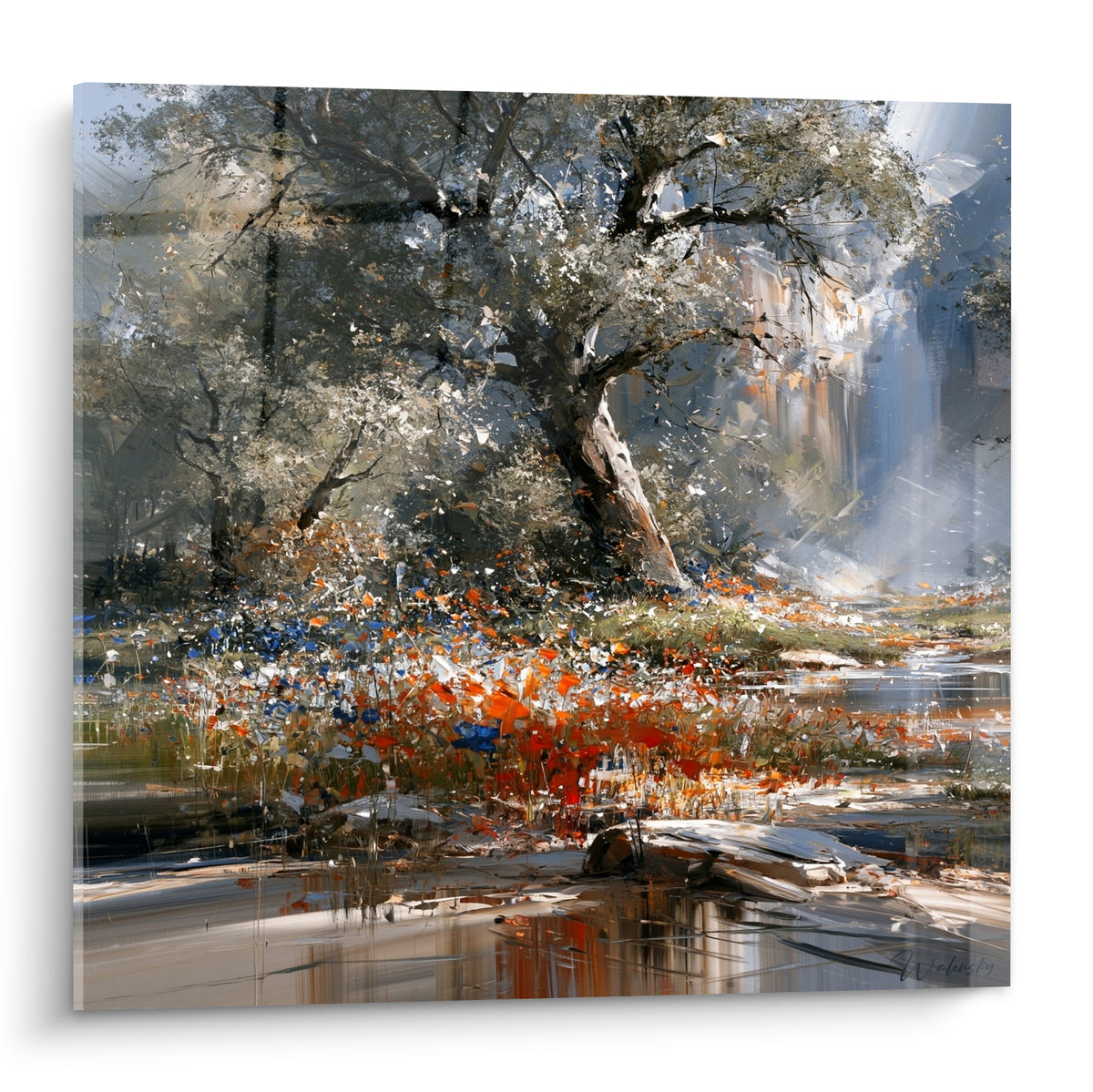 Arbre majestueux aux teintes grises et orangées surplombant une rivière scintillante
