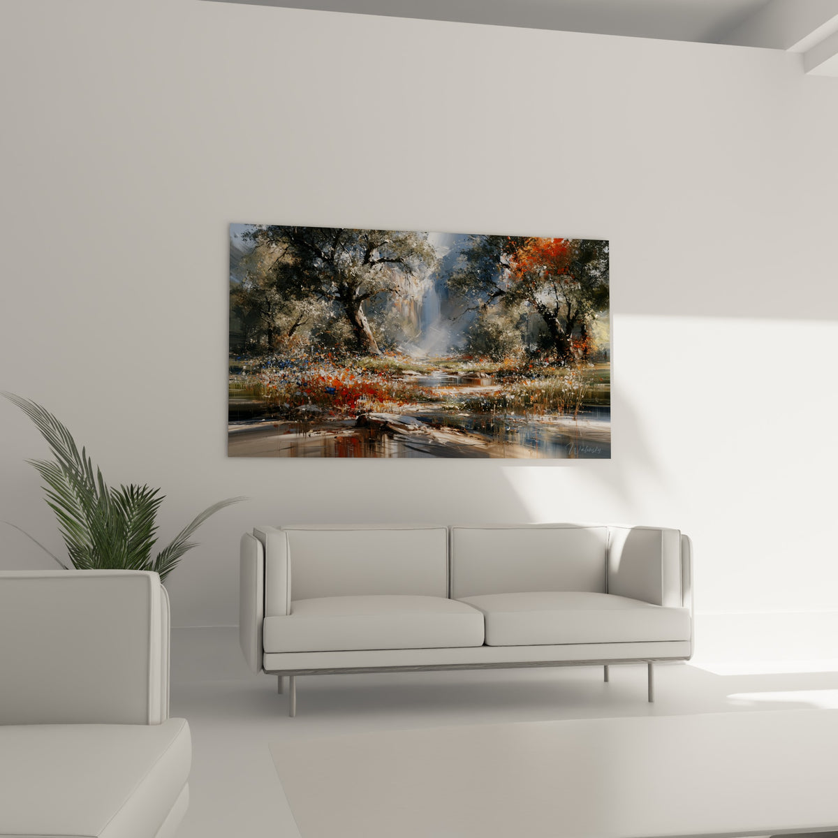 Clairière forêt blanche et terracotta baignée de lumière, au-dessus d'un canapé dans un salon lumineux
