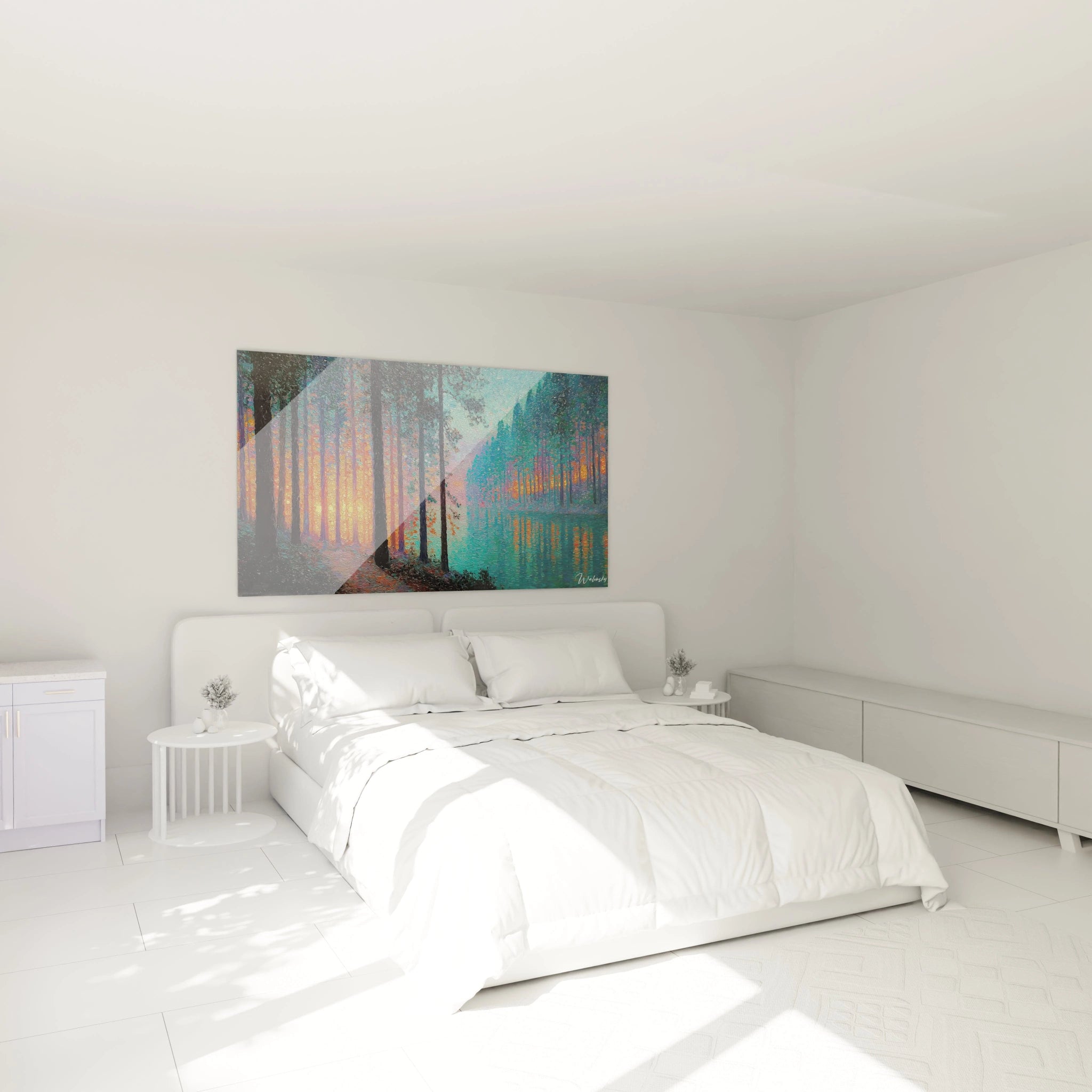 tableau forêt féerique Walensky tableau mural coloré au dessus d un lit blanc dans une chambre minimaliste et lumineuse