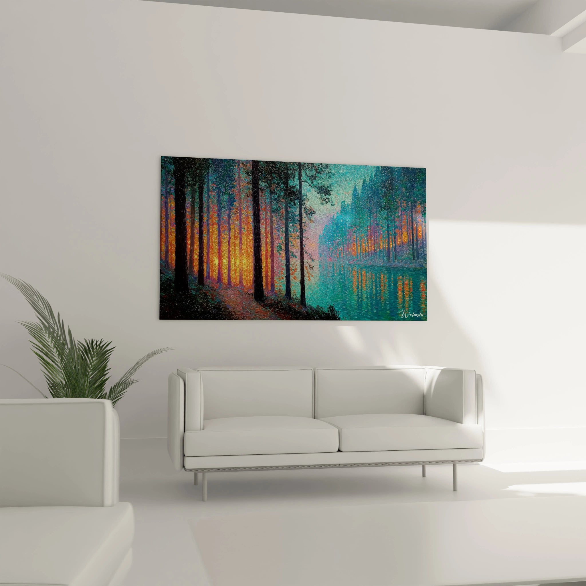 tableau forêt féerique Walensky mural montrant une forêt au bord du lac au coucher de soleil aux couleurs vives