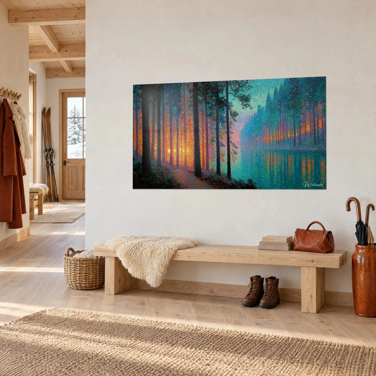Tableau sous-bois en pointillisme, reflets ambre sur eau turquoise, posé au mur d'une entrée de chalet en bois