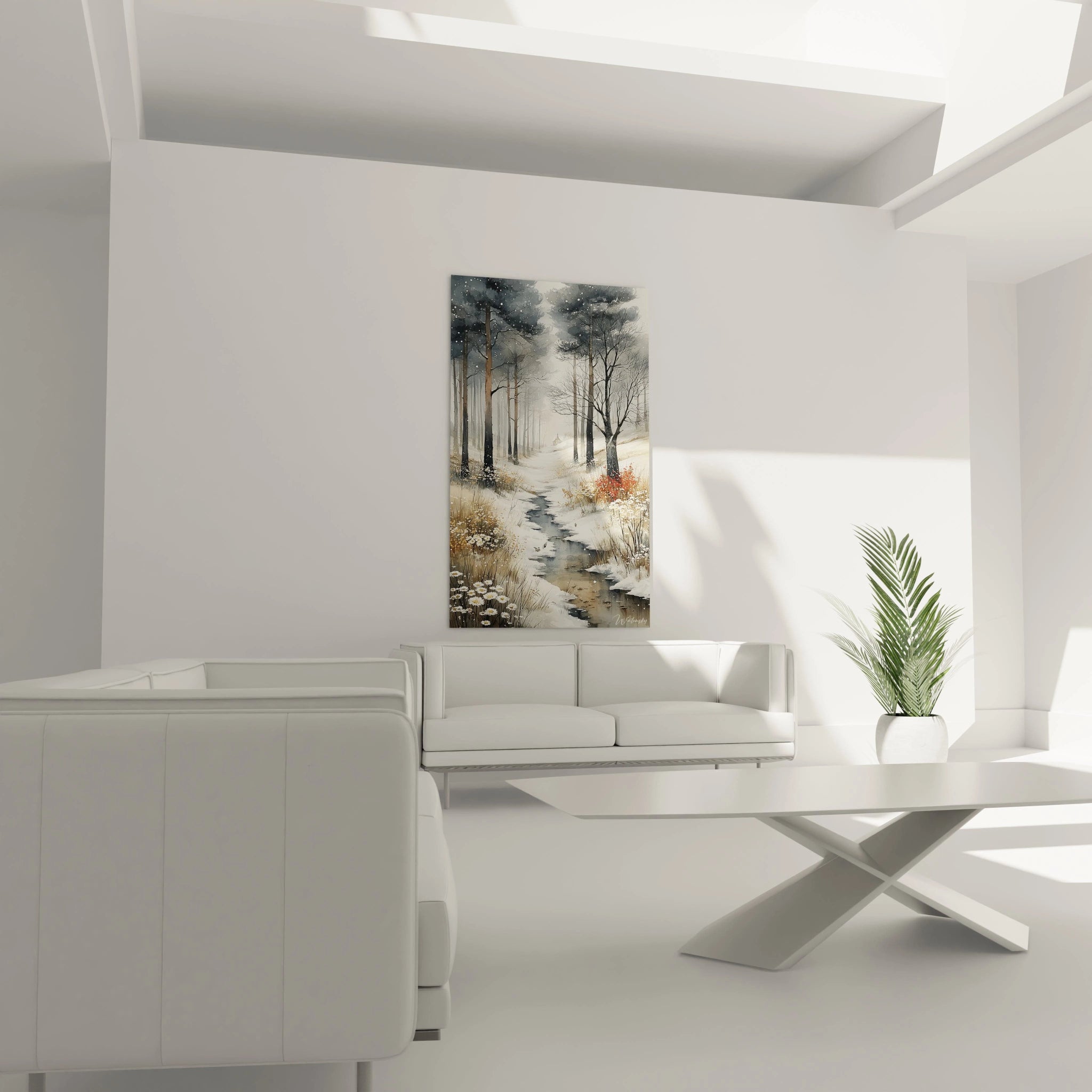 tableau forêt hiver Walensky mural vertical représentant un sentier enneigé bordé de pins dans un salon blanc moderne