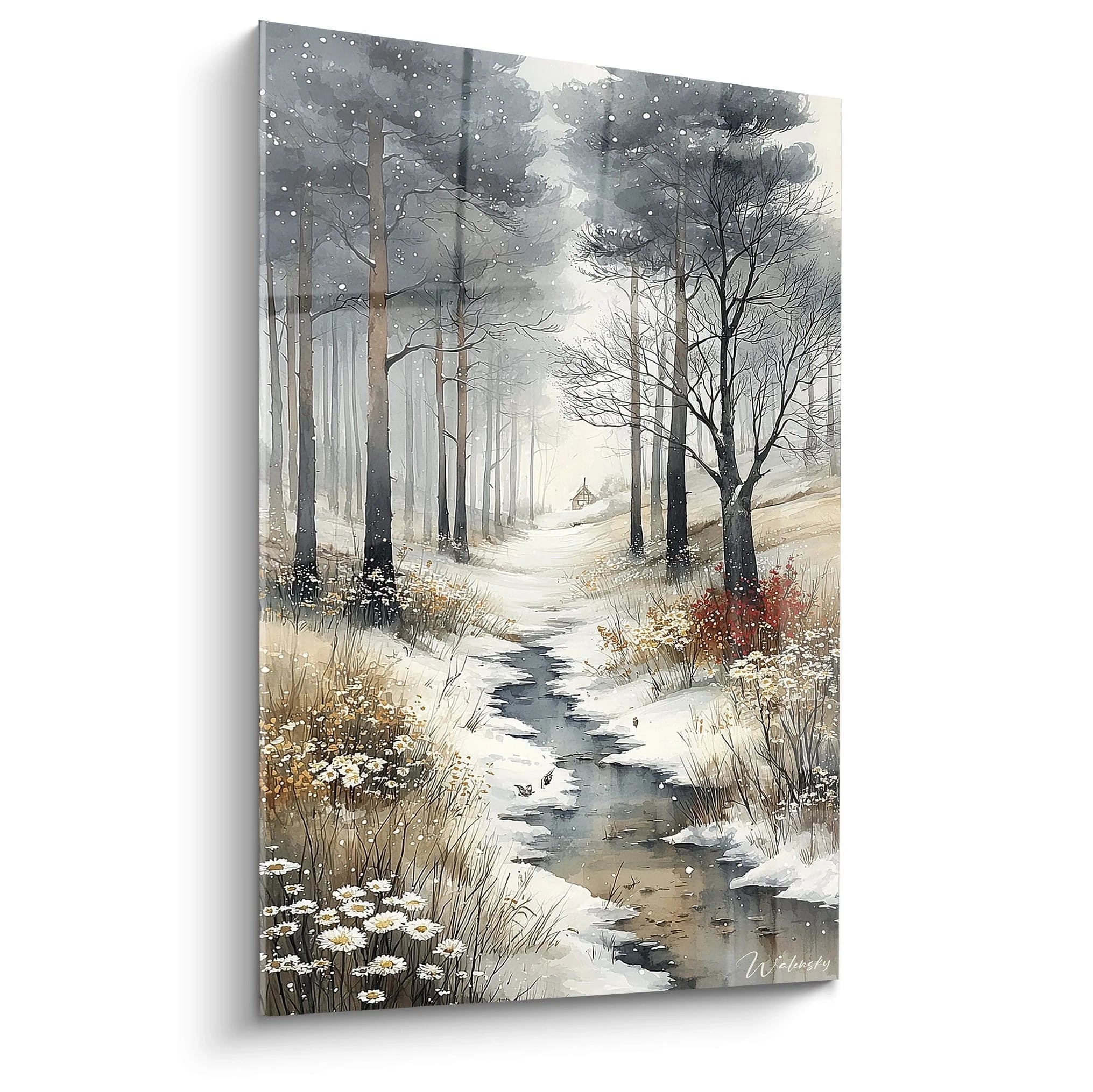 Tableau mural Walensky tableau forêt hiver paysage enneigé avec ruisseau arbres herbes et cabane au loin
