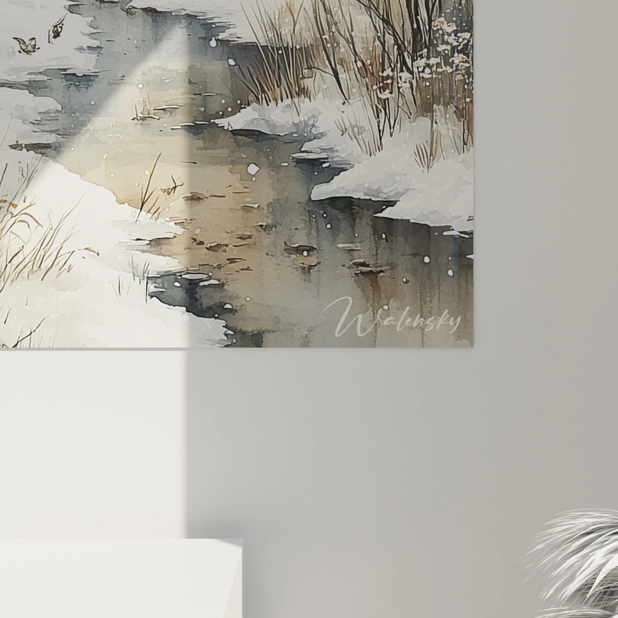tableau forêt hiver Walensky peinture murale aquarelle ruisseau enneigé dans salon moderne