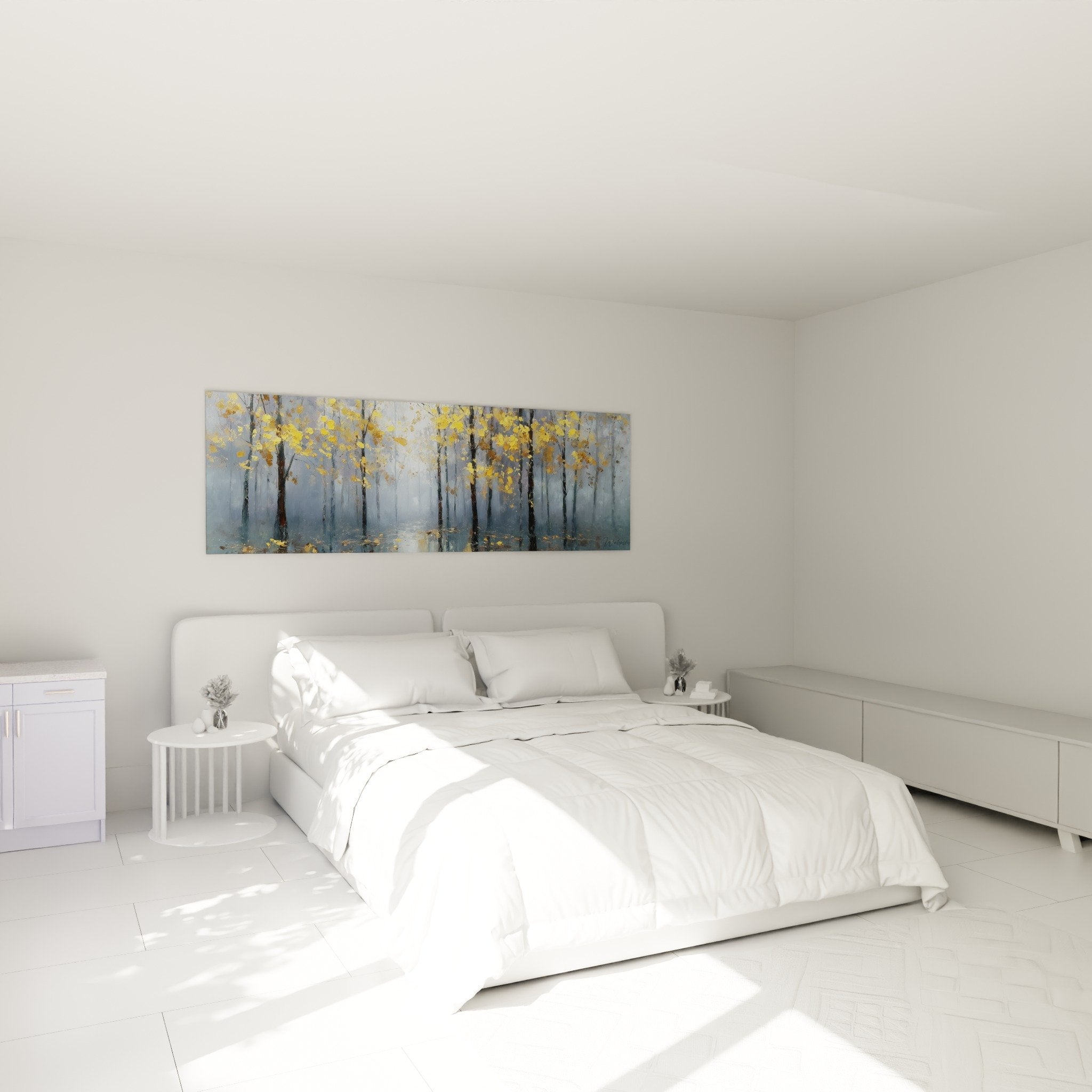 herbstlicher Wald Nebel Bild Schlafzimmer beruhigende Wanddekoration goldene graue Töne Feng Shui Osten Holz