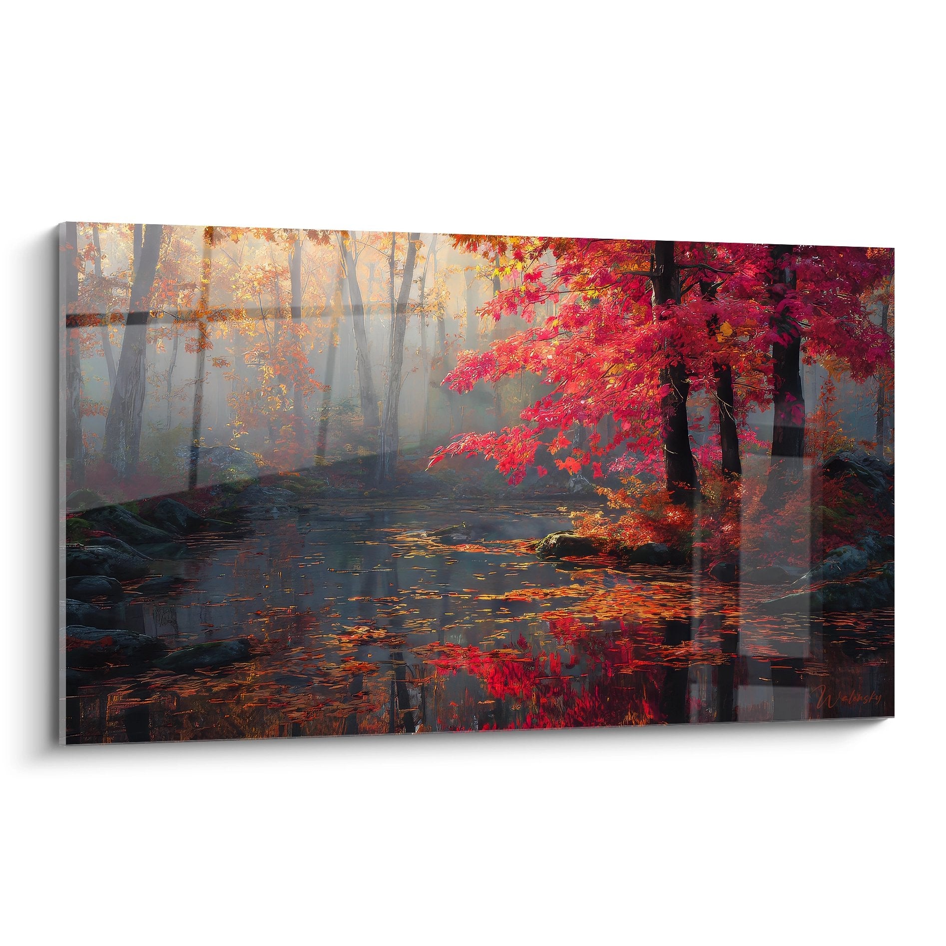 Tableau forêt d'automne au lac avec érable rouge et reflets colorés dans l'eau, art mural nature décoratif
