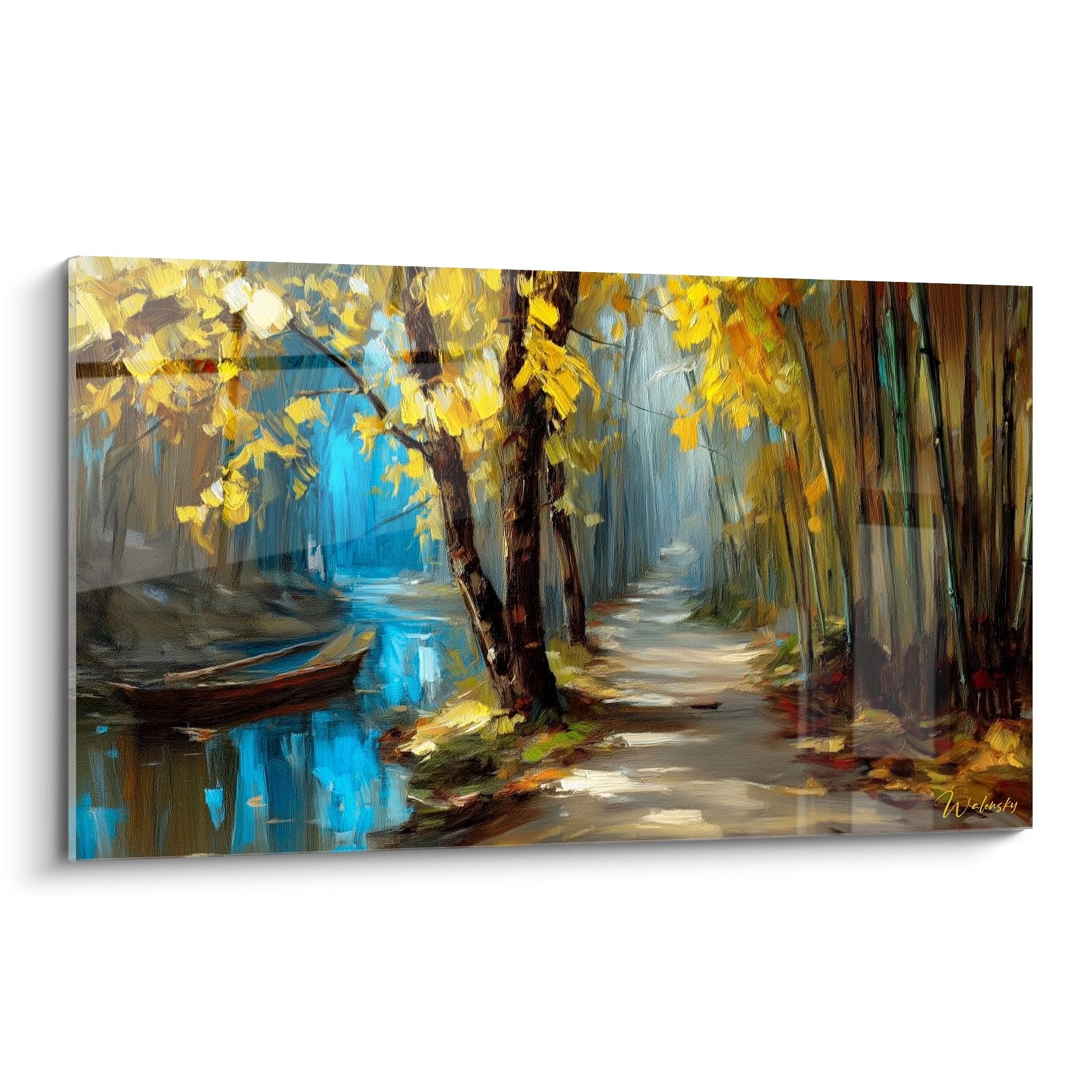 Tableau mural forêt automne avec rivière et barque, peinture paysage nature aux couleurs dorées