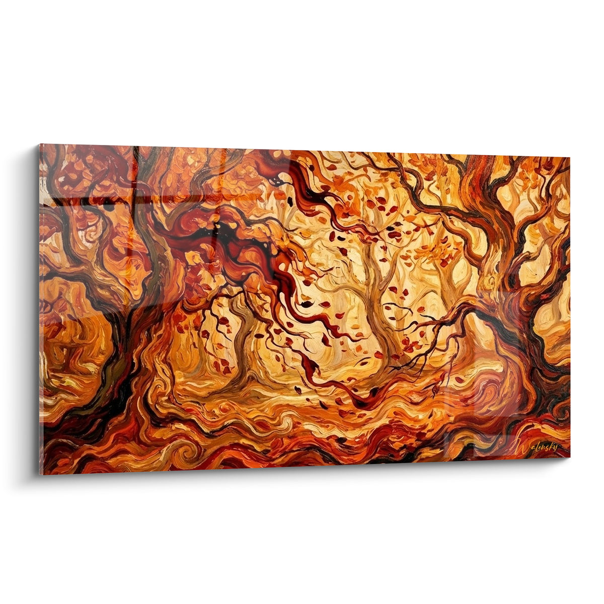 Forêt tourbillonnante en tableau, branches ambre et rouille sur fond crème lumineux