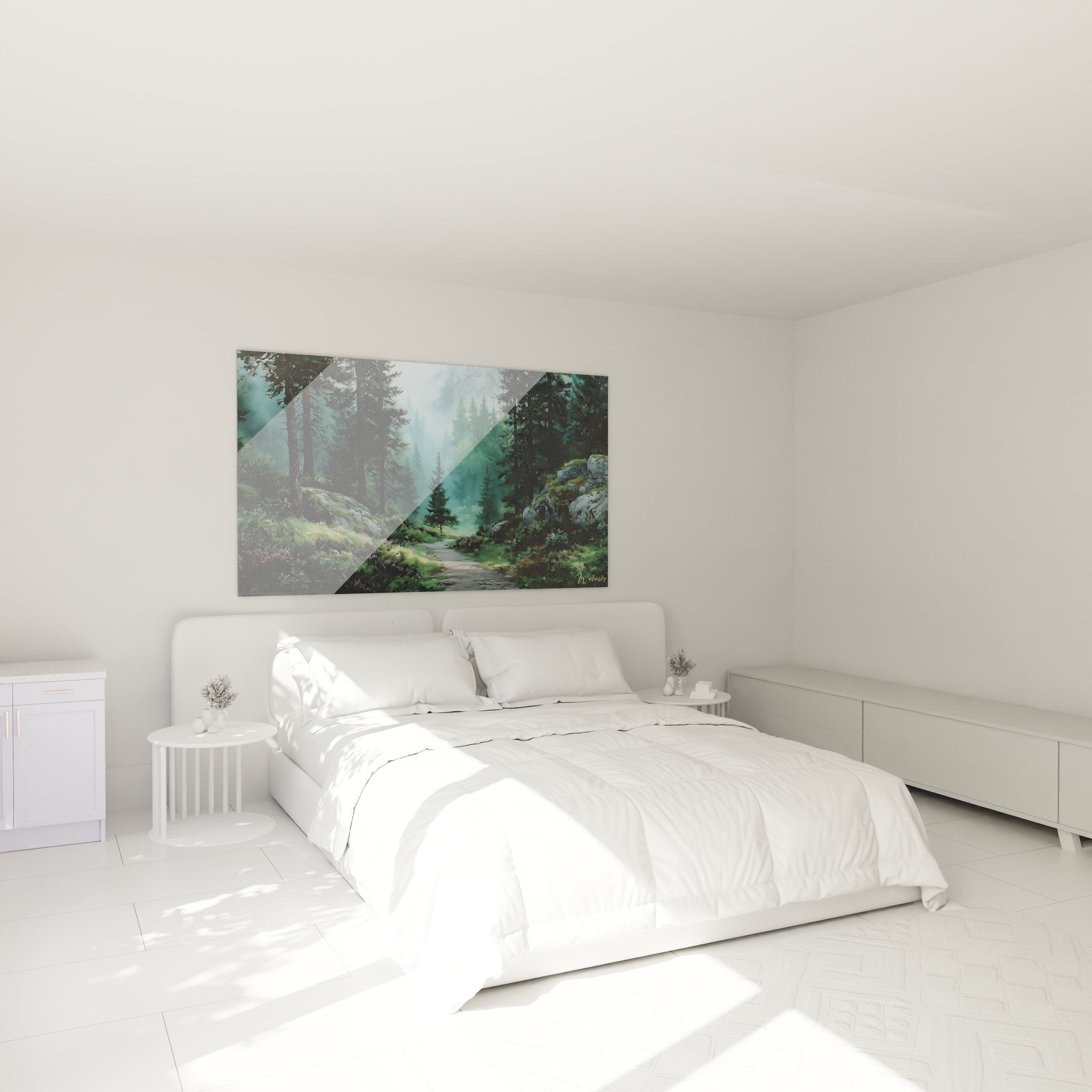 Tableau sentier forêt brumeux dans décoration chambre moderne avec ambiance nature apaisante
