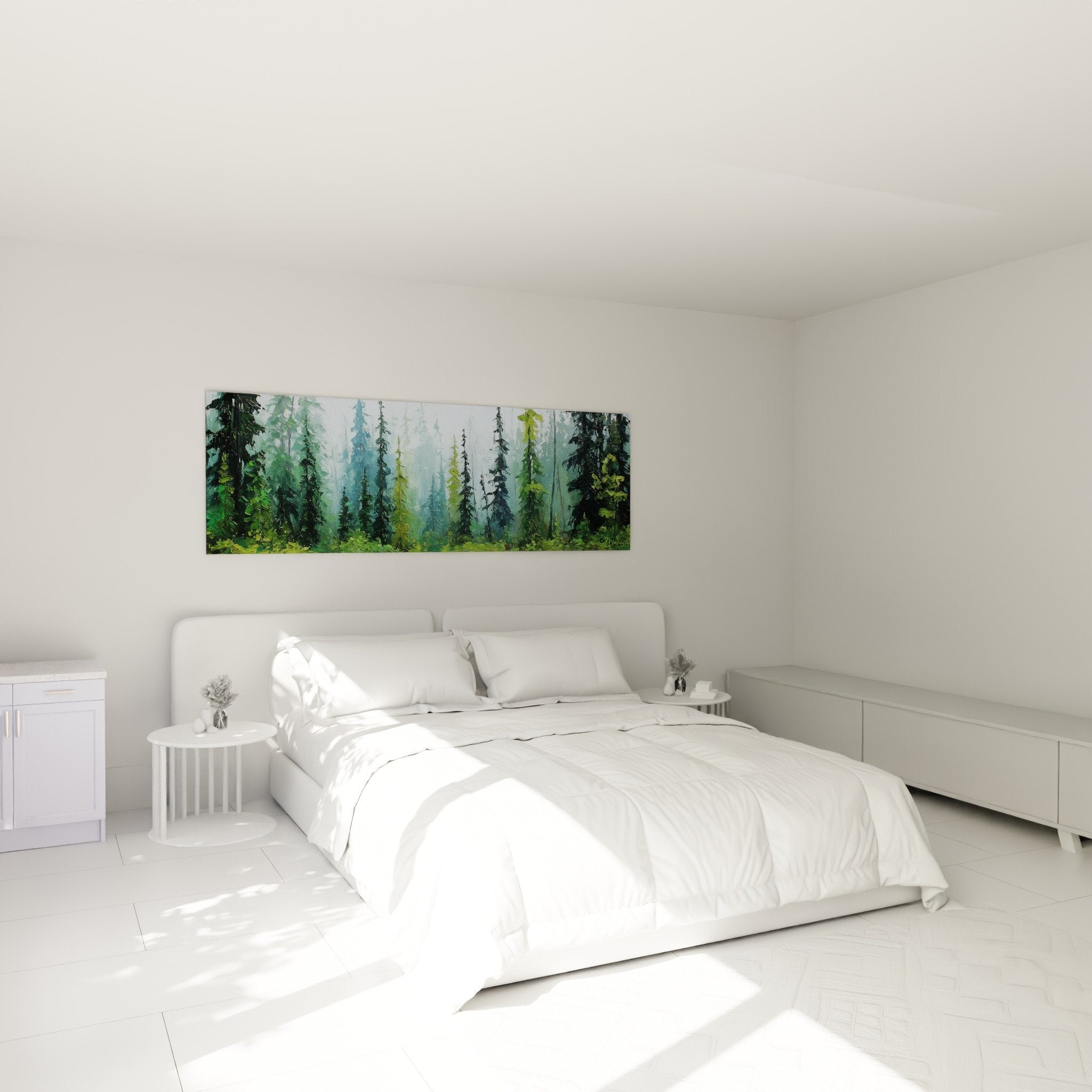 Tableau foret brumeuse tons verts dans chambre decoration murale feng shui est bois