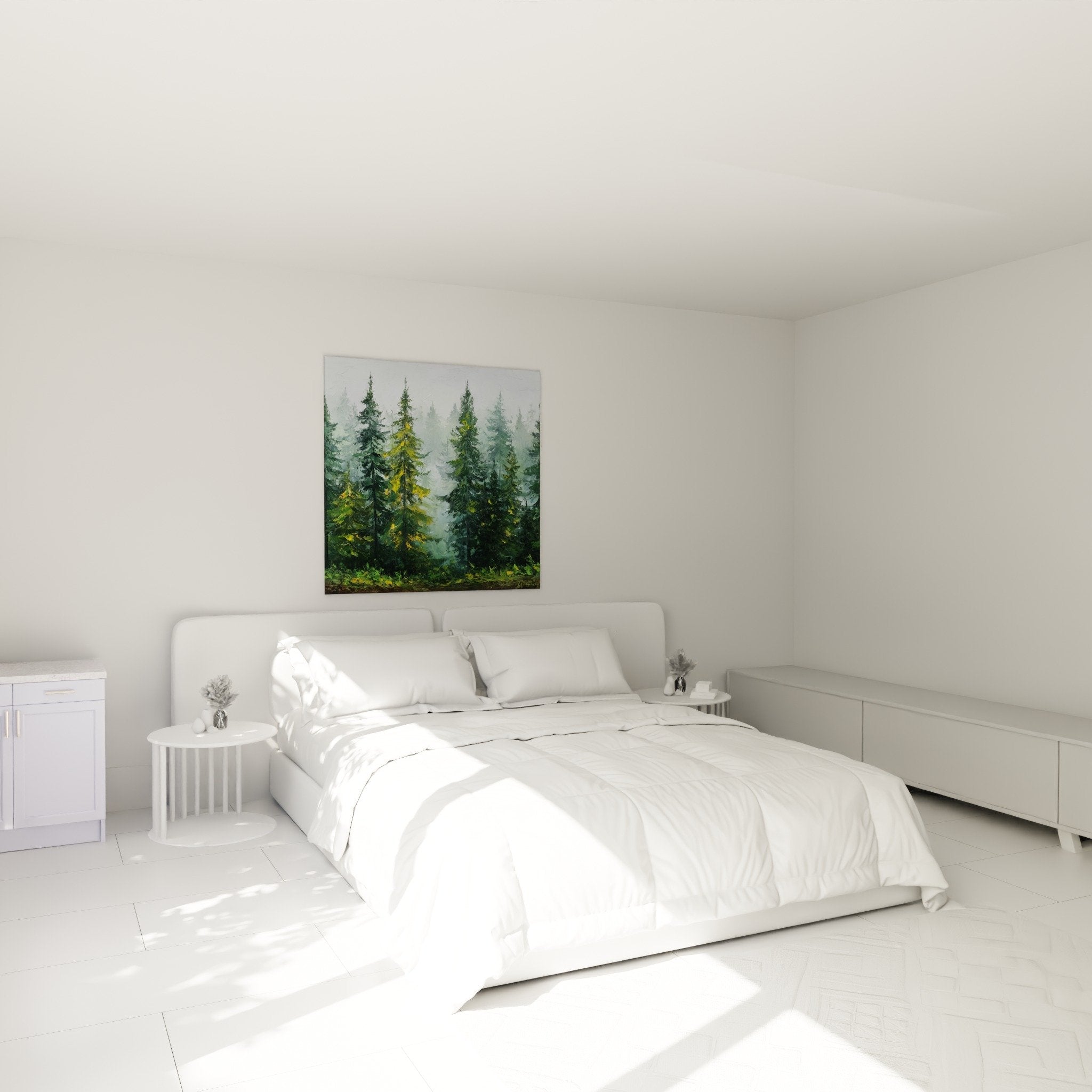 Tableau foret brumeuse tons verts apaisants decoration chambre zen epiceas brume matinale feng shui est bois