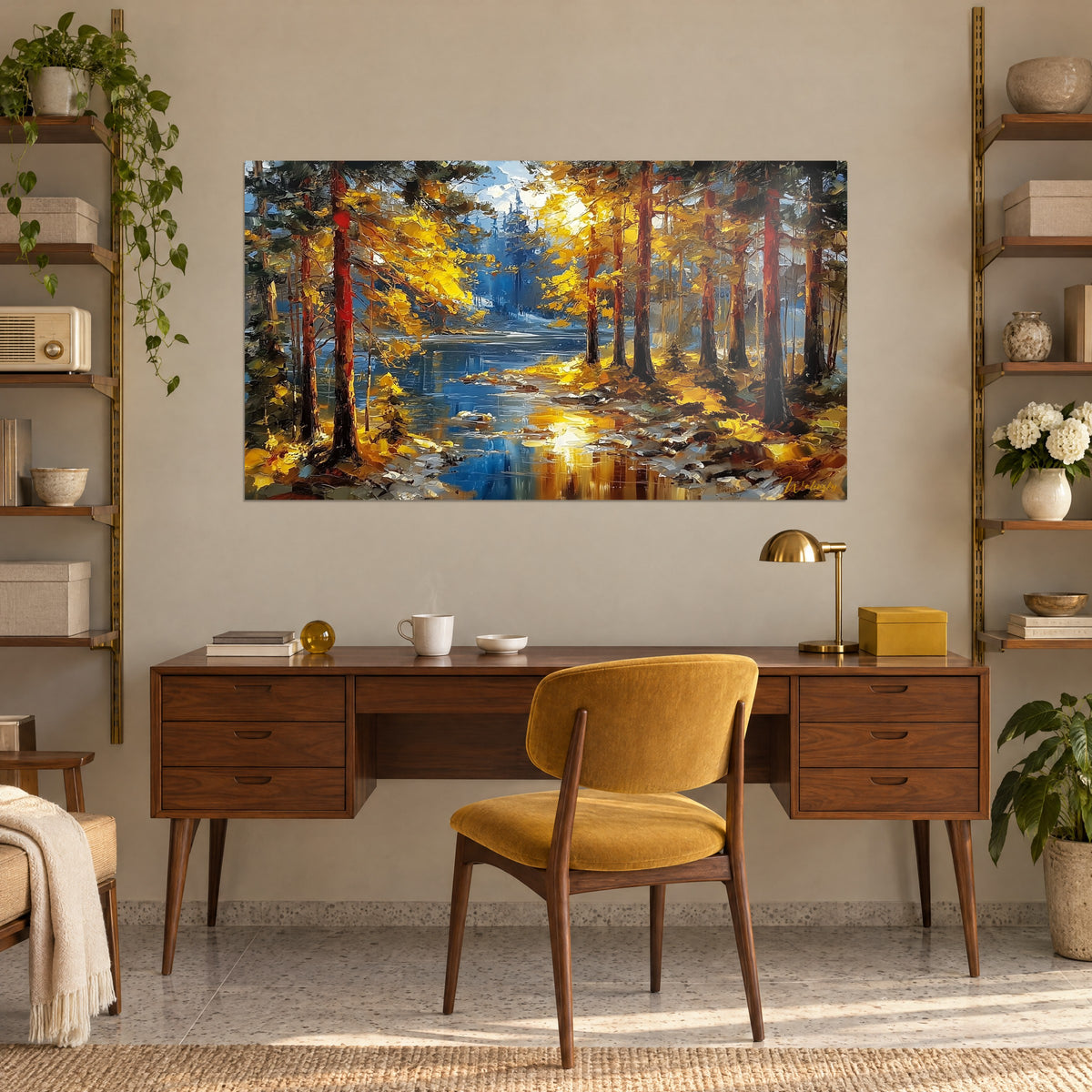 Tableau paysage de rivière entre arbres roux et feuillage citron, coups de couteau épais bleu et ambre, sur un bureau en bois chaleureux