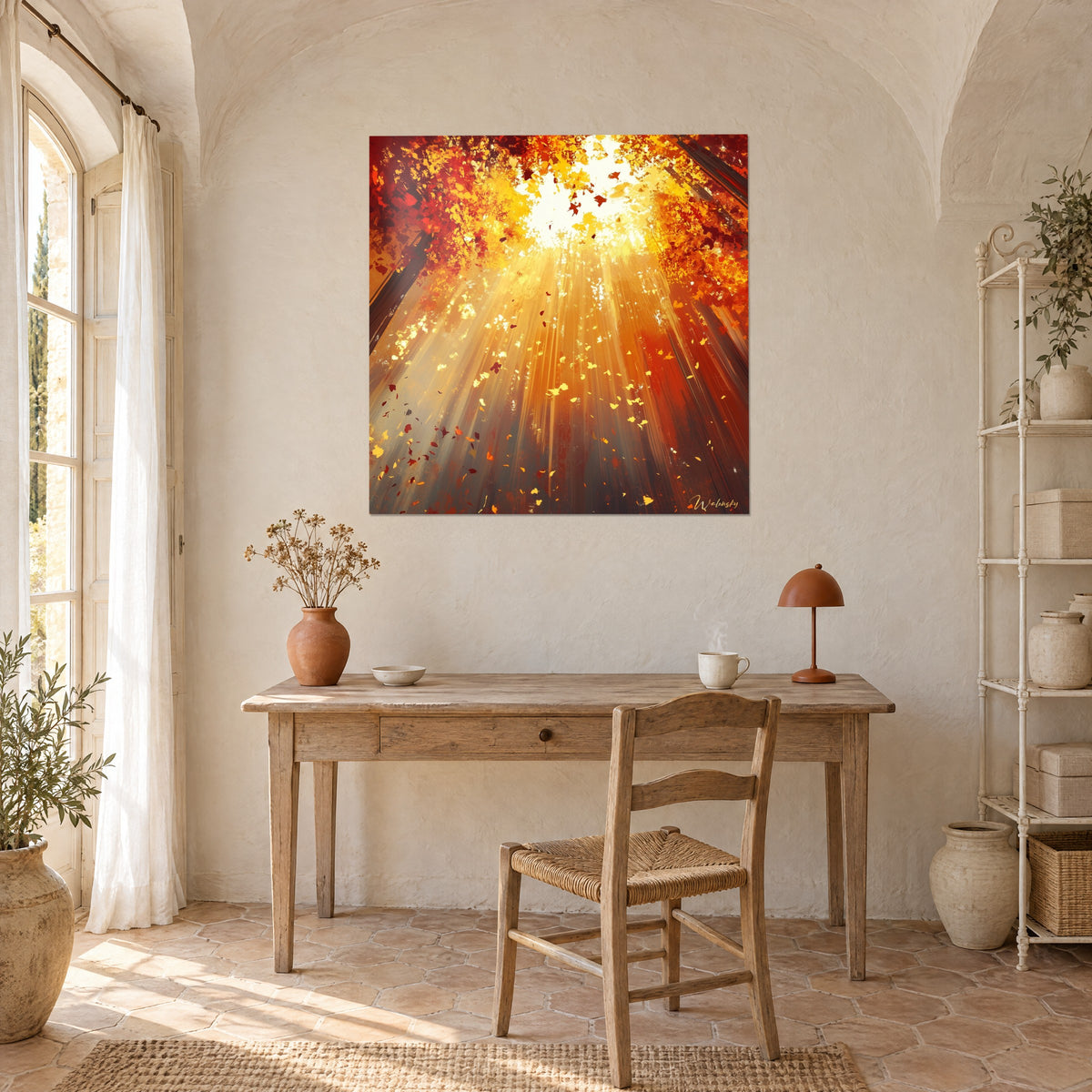 Wall art dazzling October canopy in yellow and scarlet, fan-shaped sunbeams, light wood desk, Provençal farmhouse