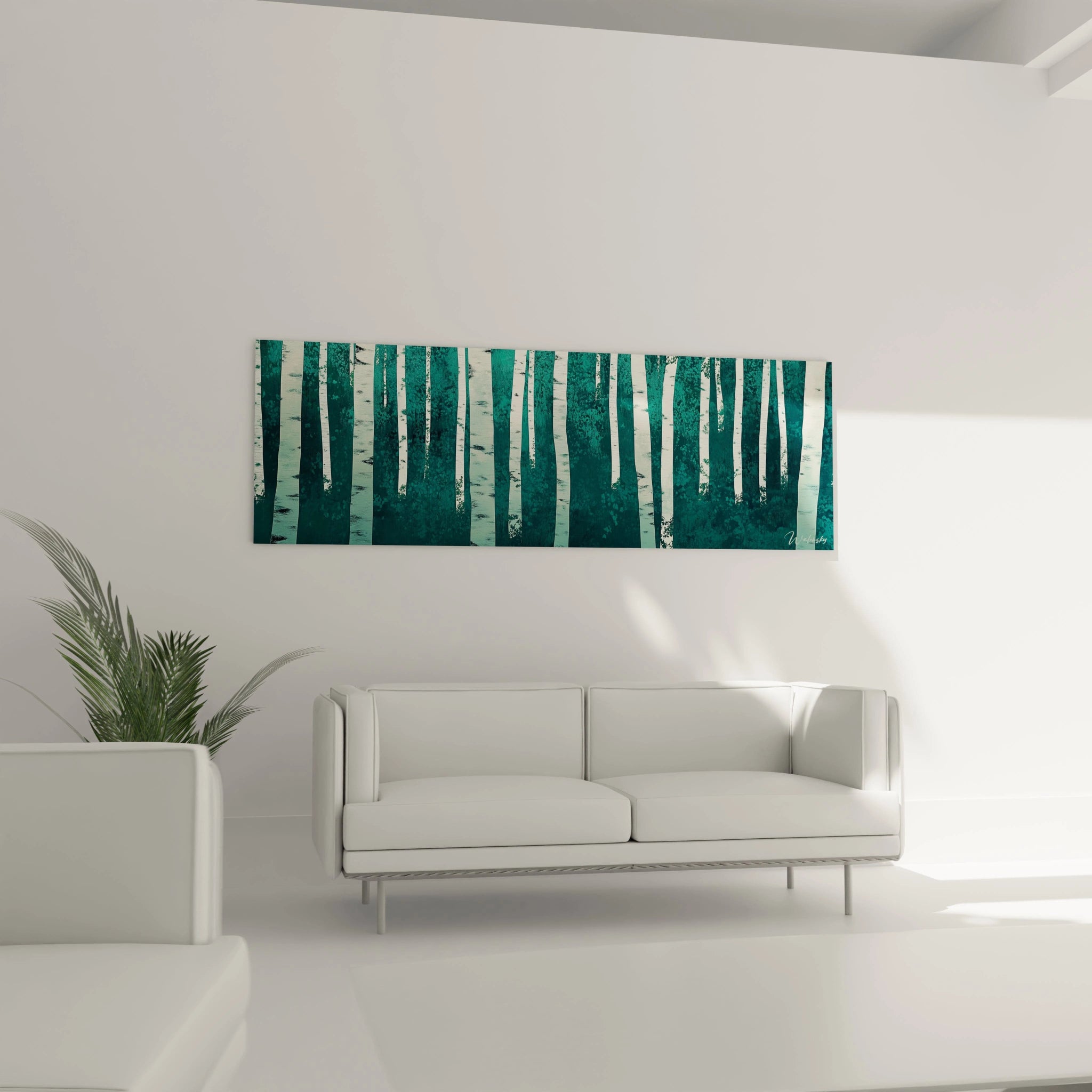 Tableau forêt Walensky décoratif avec arbres verts sur mur blanc dans un salon moderne minimaliste