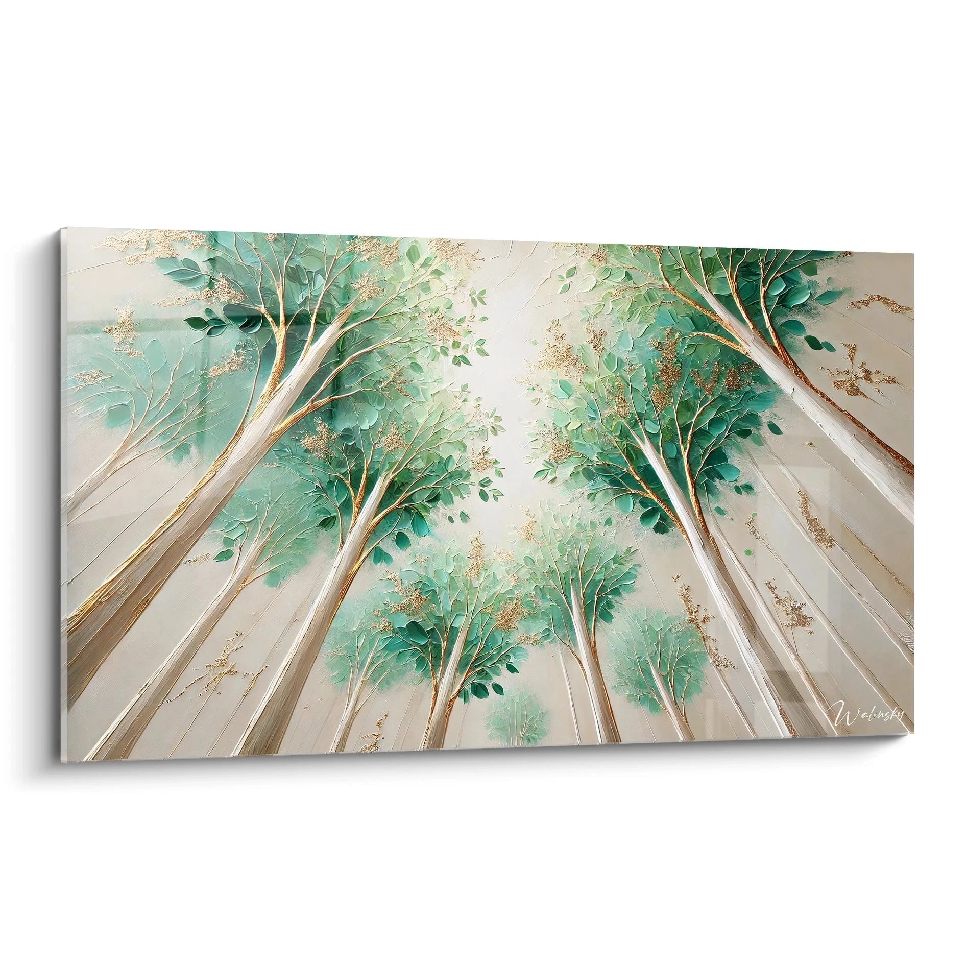 Tableau Arbre contemporain de biais, avec des troncs majestueux et des touches dorées qui illuminent l'oeuvre. Ce tableau invite à la contemplation et célèbre la beauté apaisante de la nature.