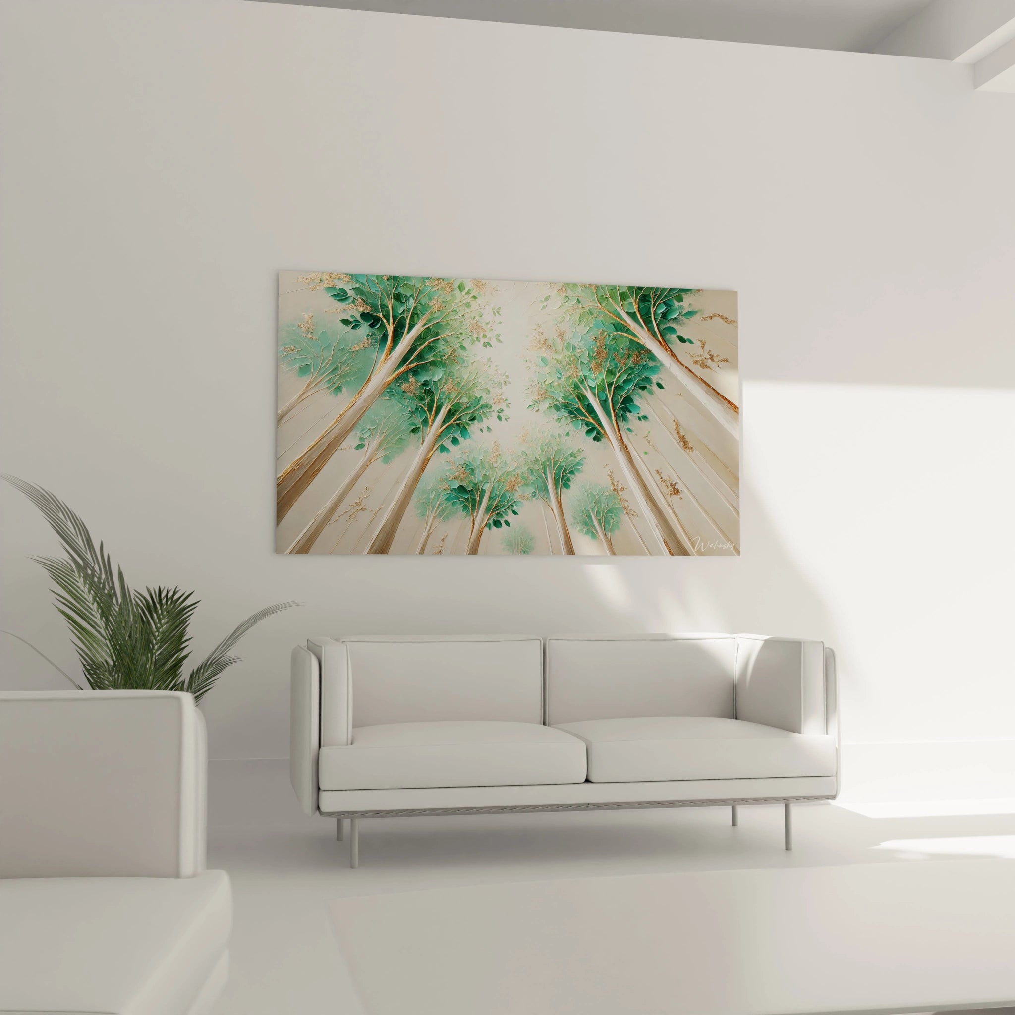 Tableau Arbre accroché au mur d'un salon, au-dessus du canapé, apportant une touche élégante et apaisante. Les formes stylisées et les touches dorées illuminent la pièce avec une harmonie naturelle.
