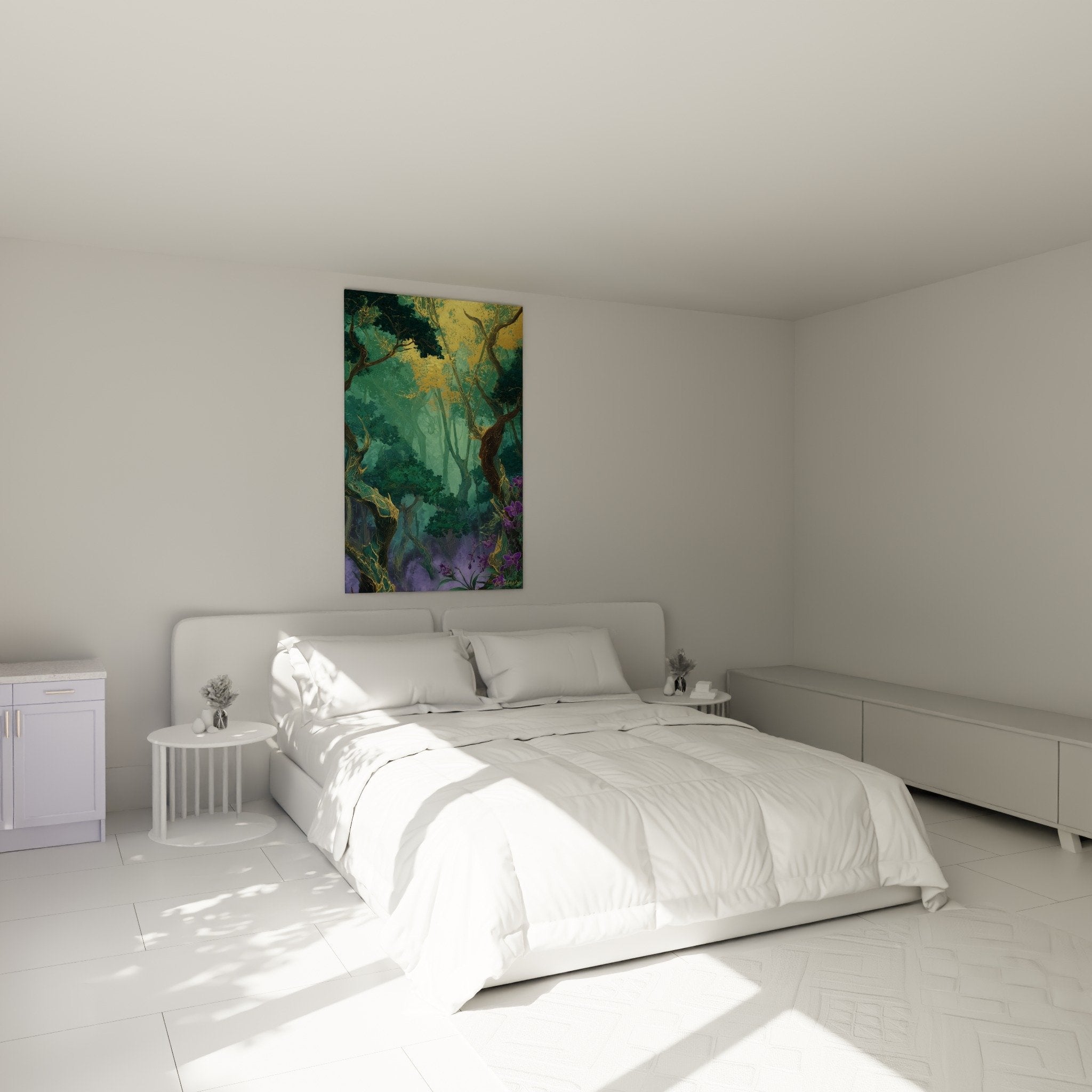 Tableau foret turquoise dans chambre ambiance apaisante decoration murale feng shui sud-est bois