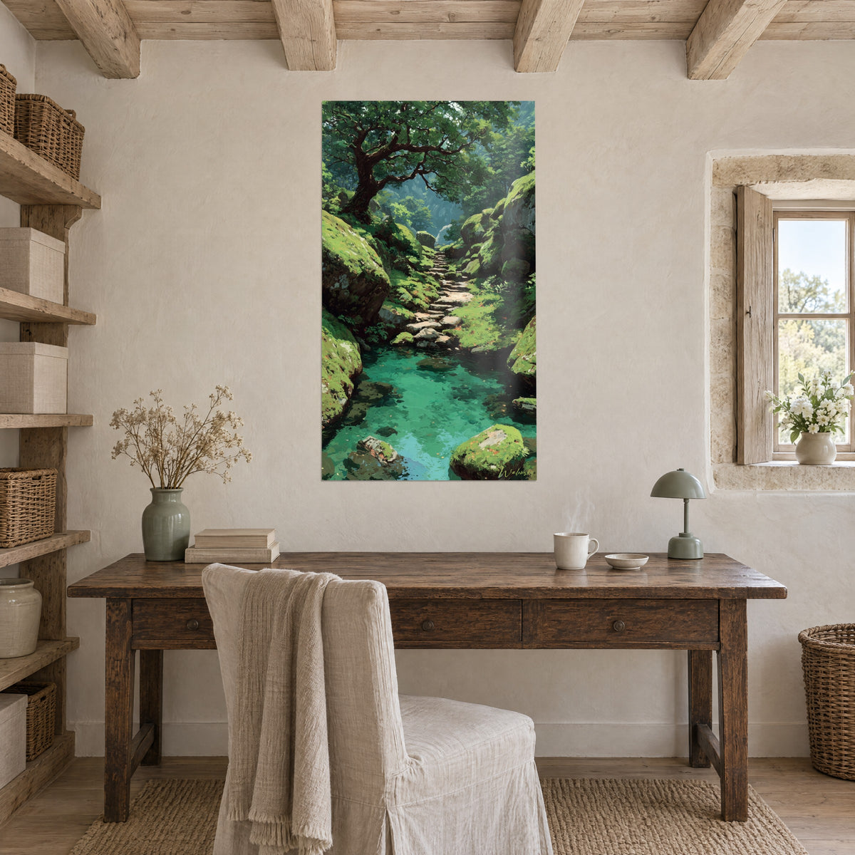Quadro quercia contorta che sovrasta una sorgente smeraldo, muschio verde, pietre grigie, sopra una scrivania di legno antico