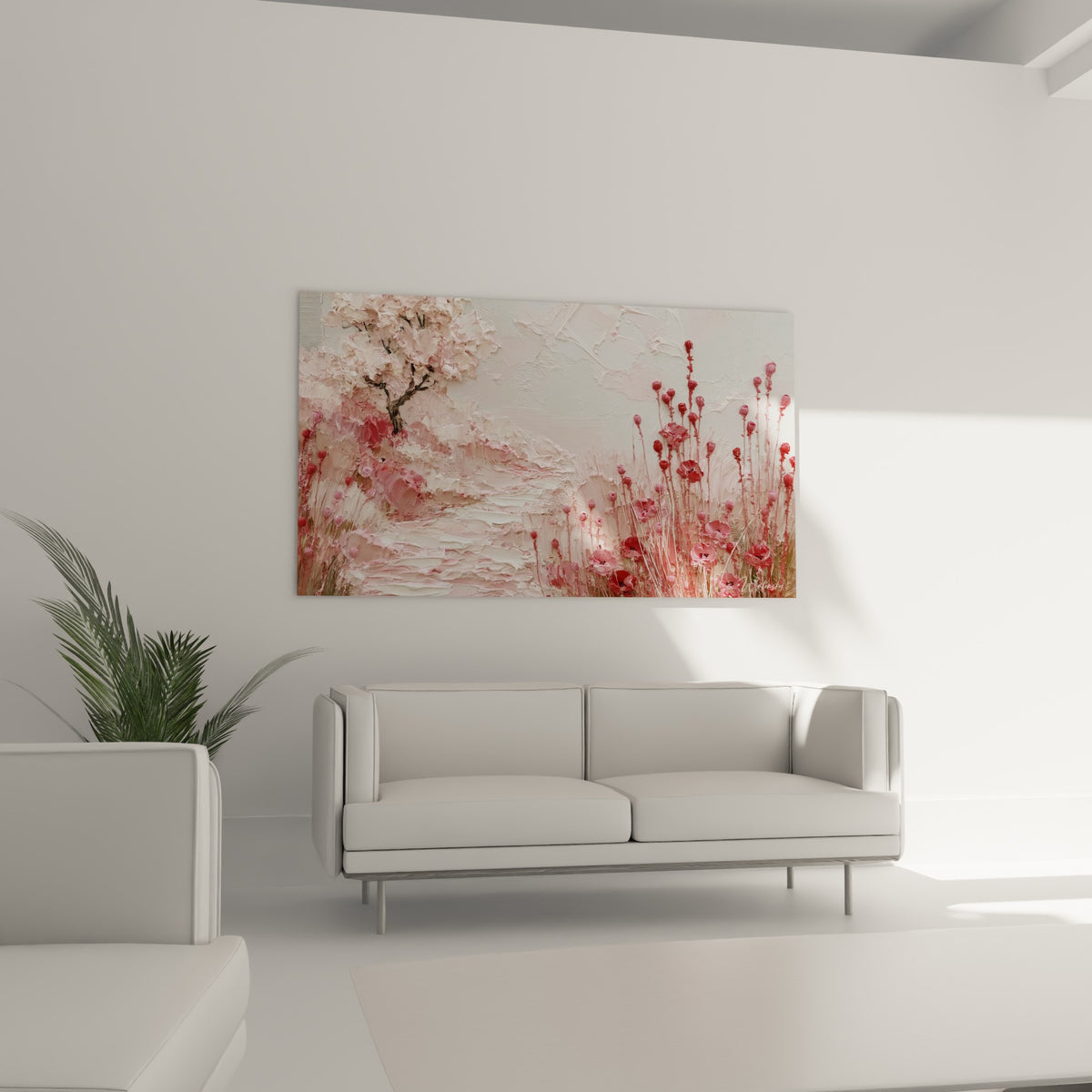 Chemin fleuri rose pâle et rouge carmin, suspendu au-dessus d'un canapé dans un salon lumineux