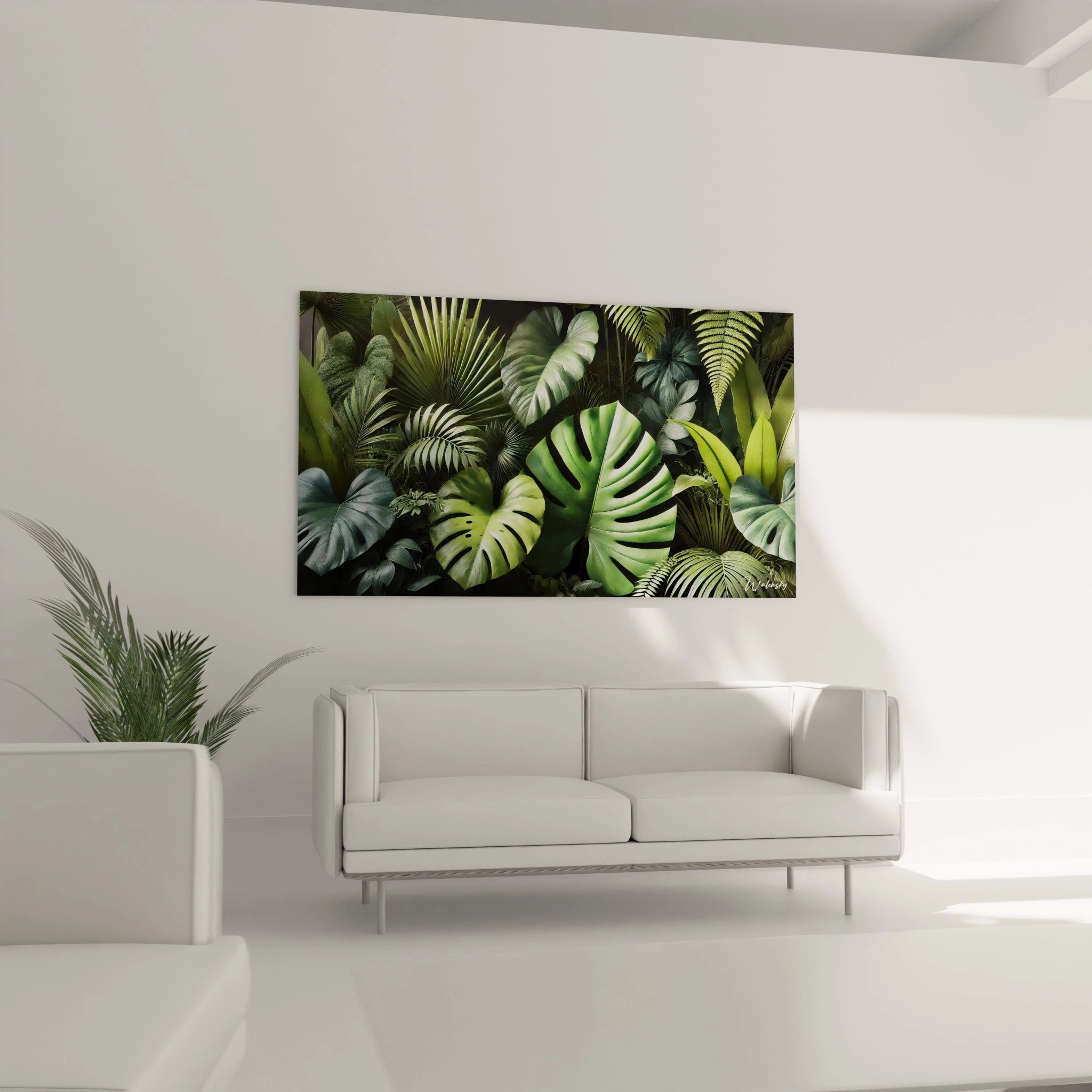 Ce tableau jungle embellit votre salon en ajoutant une note de verdure au-dessus du canapé. Sa texture et ses nuances de vert créent une atmosphère chaleureuse et immersive.