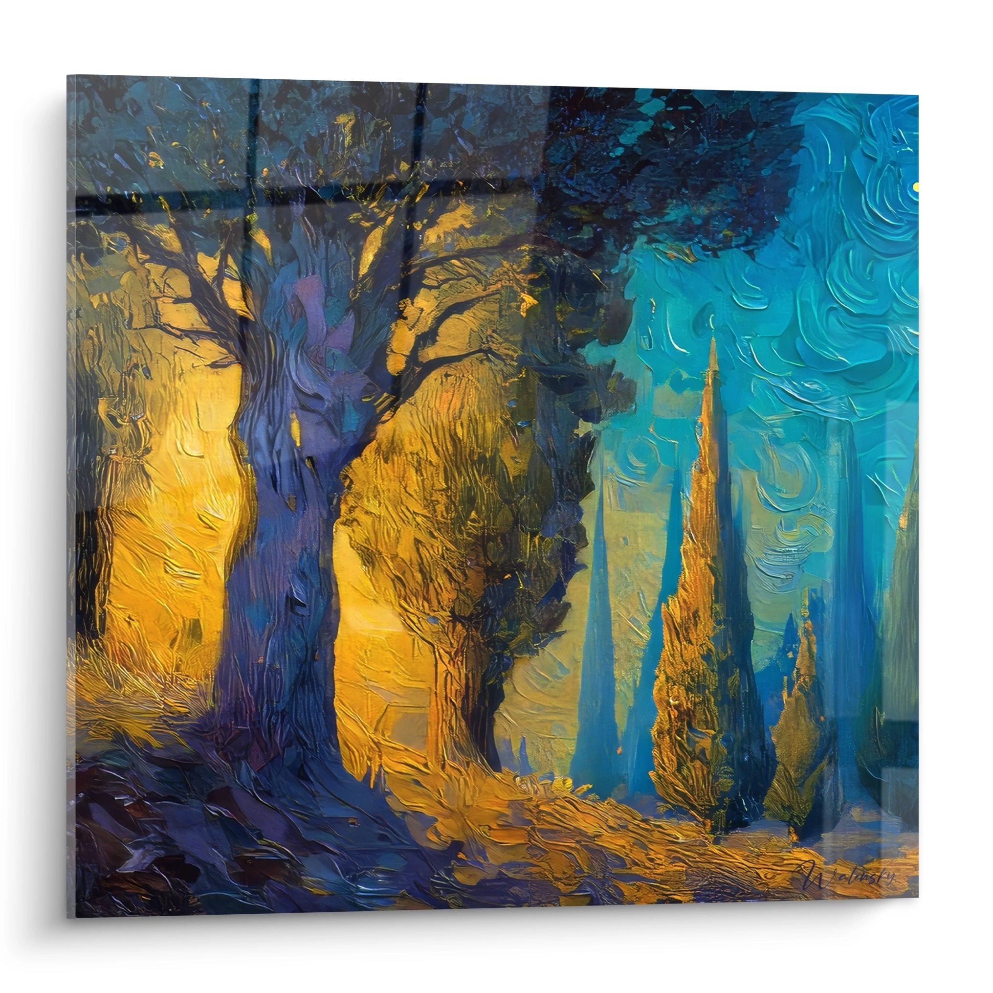 Tableau mural forêt mystérieuse aux couleurs bleu et or avec lumière dorée filtrant entre les arbres