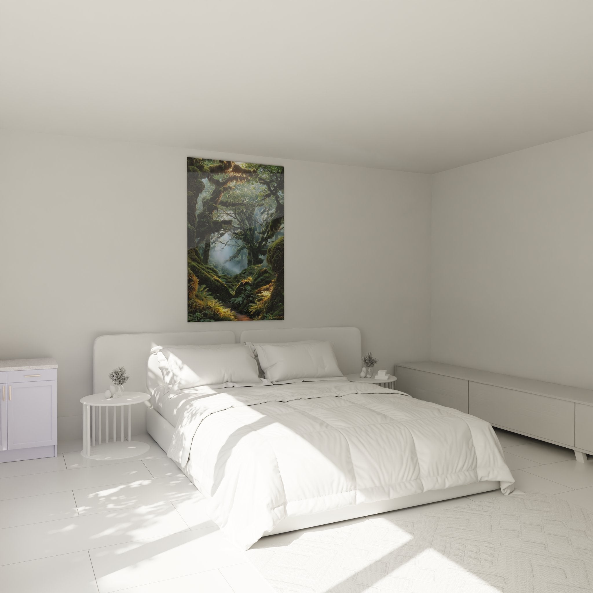 Tableau forêt enchantée dans chambre moderne, ambiance zen avec paysage brumeux apaisant